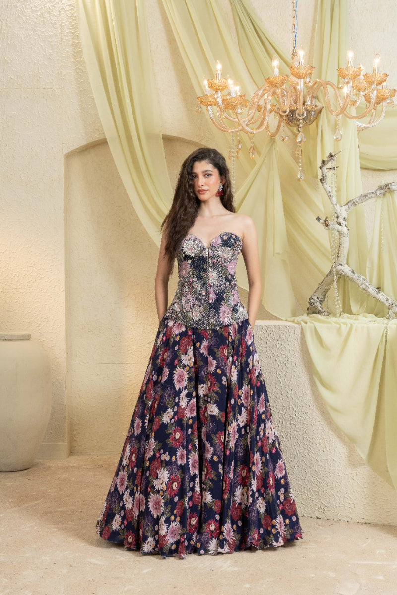 Twilight Bloom Hand-Embroidered Lehenga with Pockets