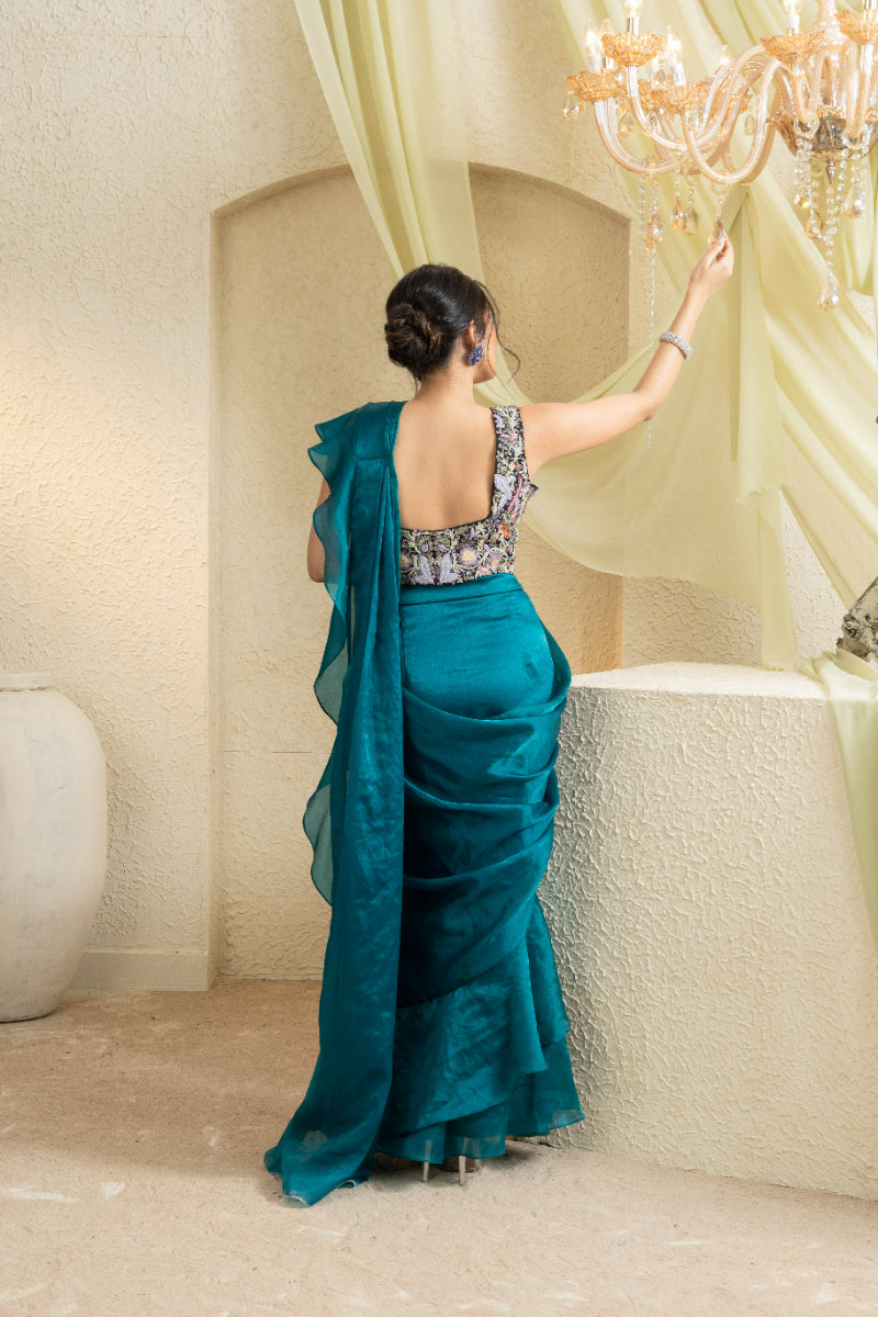 Mystic Teal Hand-Embroidered Ruffle Saree