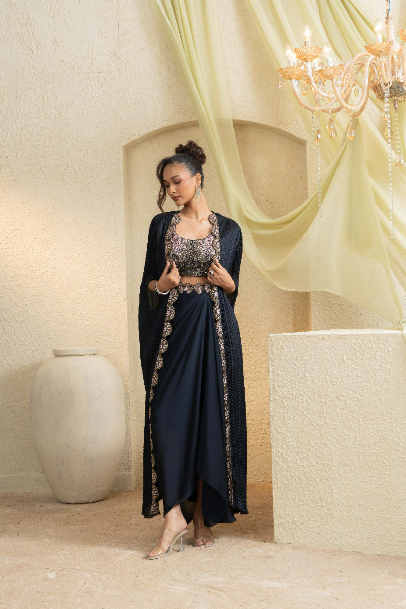 Midnight Hand-Embroidered Cape Set