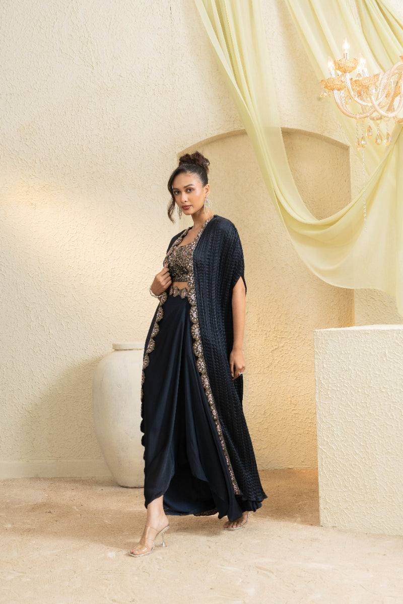 Midnight Hand-Embroidered Cape Set