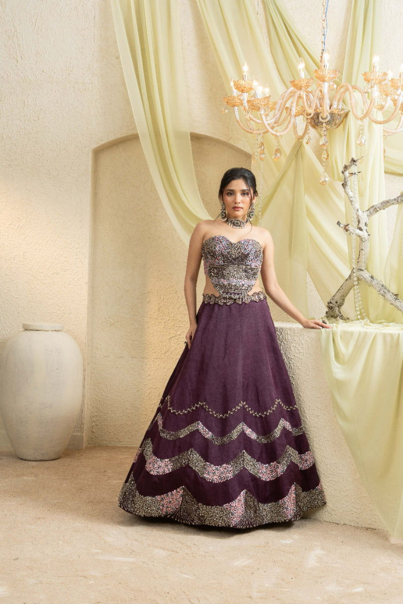 Smoky Wine Hand-Embroidered Lehenga