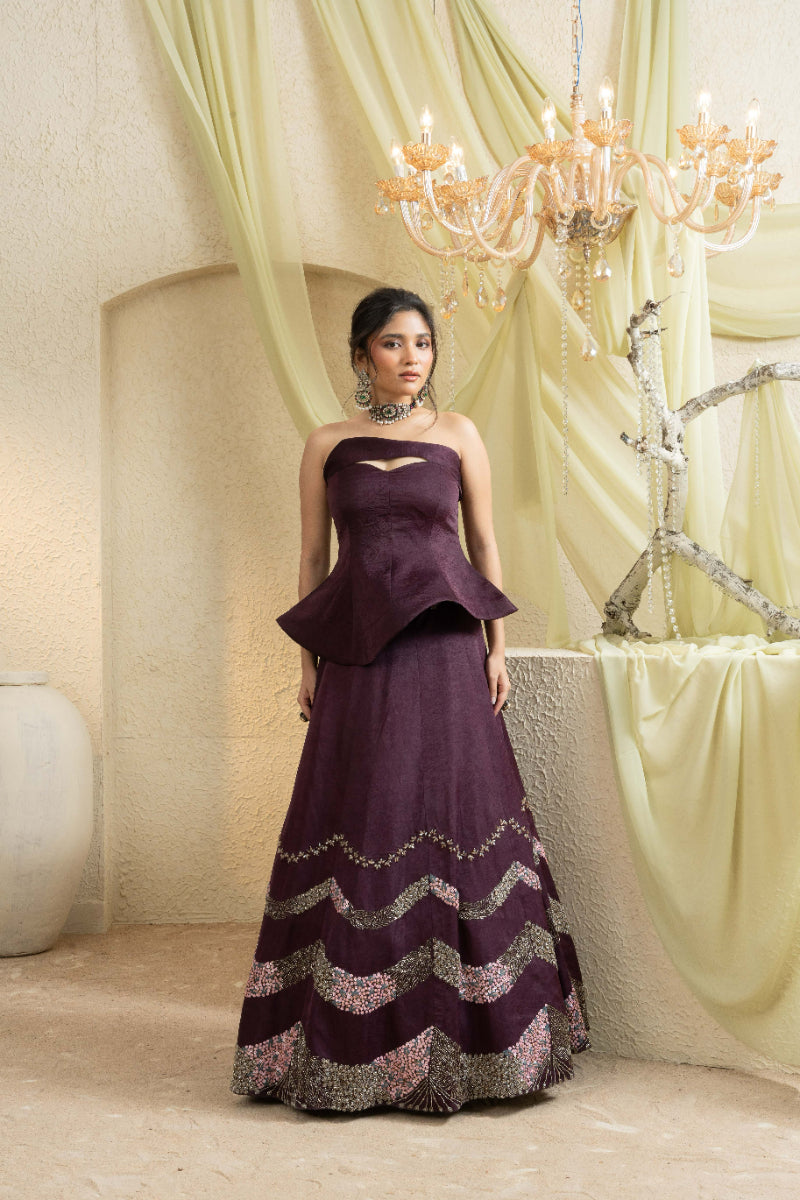 Smoky Wine Hand-Embroidered Lehenga