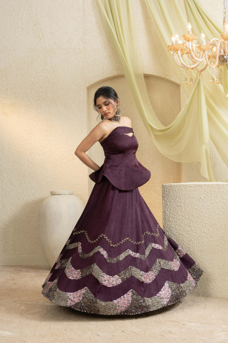 Smoky Wine Hand-Embroidered Lehenga