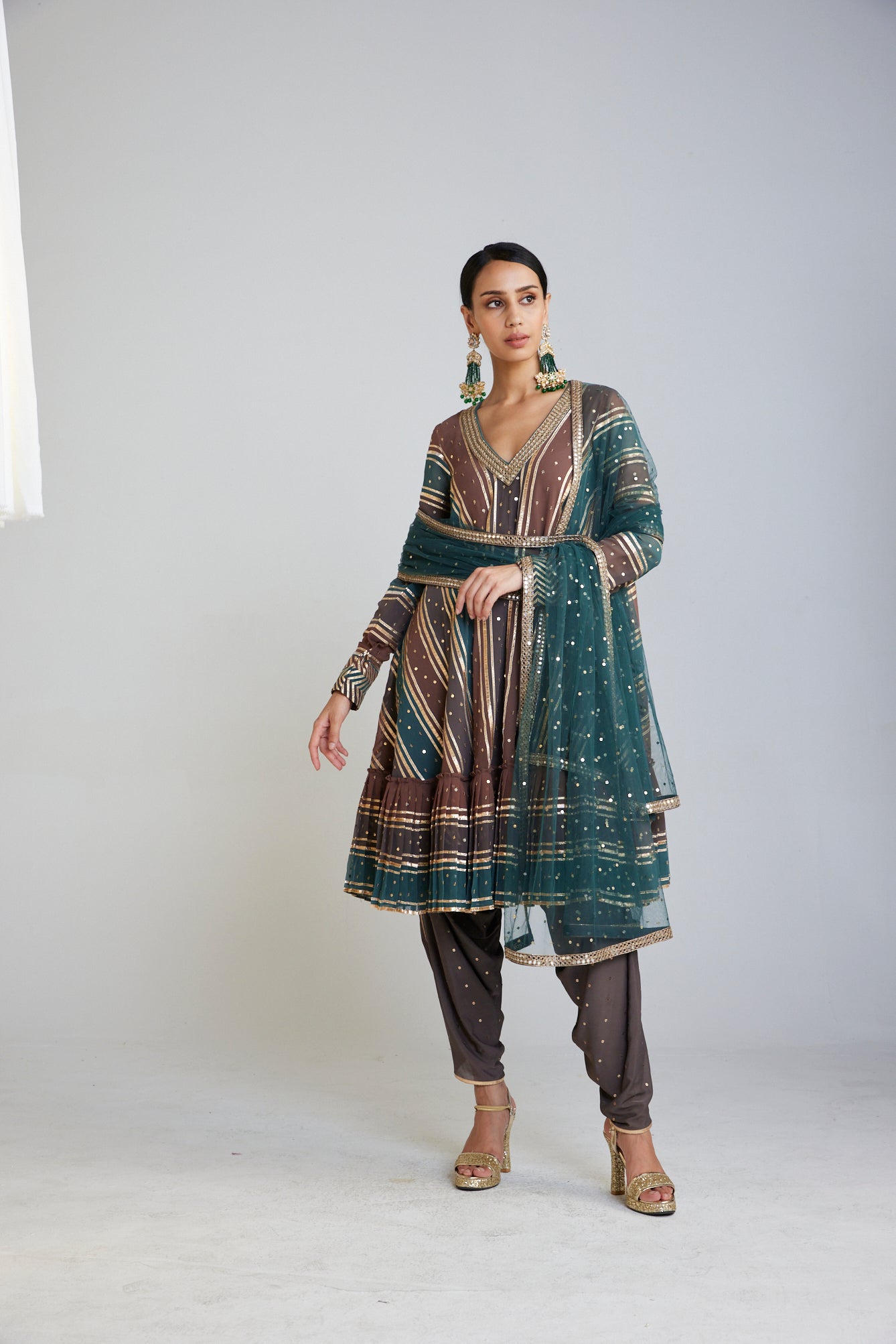 Mud Green V Neck A Line Dhoti Kurta Set