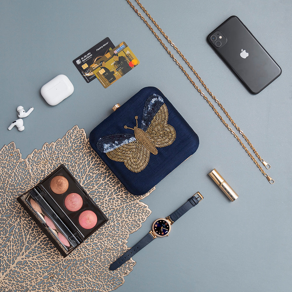 THE TAN CLAN NIgah Square Hand Embroidered Butterfly Clutch