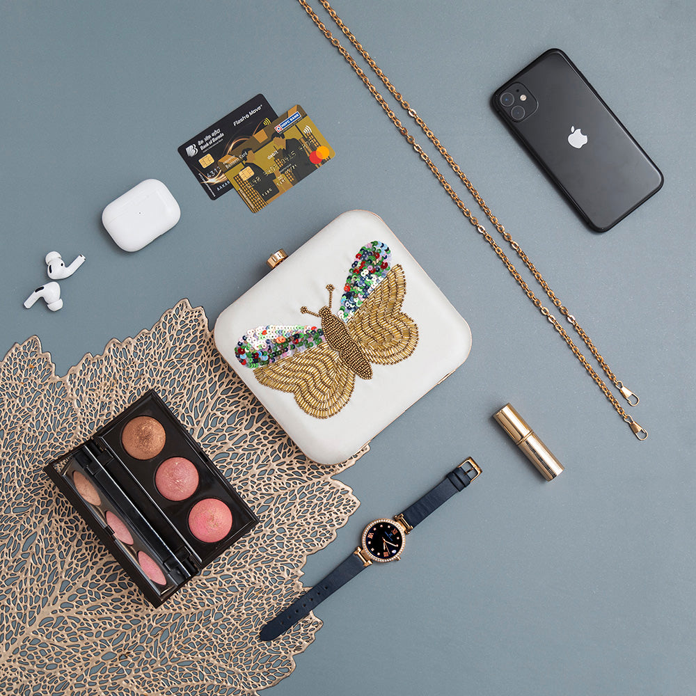 THE TAN CLAN NIgah Square Hand Embroidered Butterfly Clutch