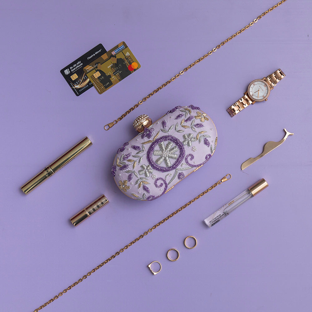 THE TAN CLAN Gul Lilac Hand Embroidered Clutch