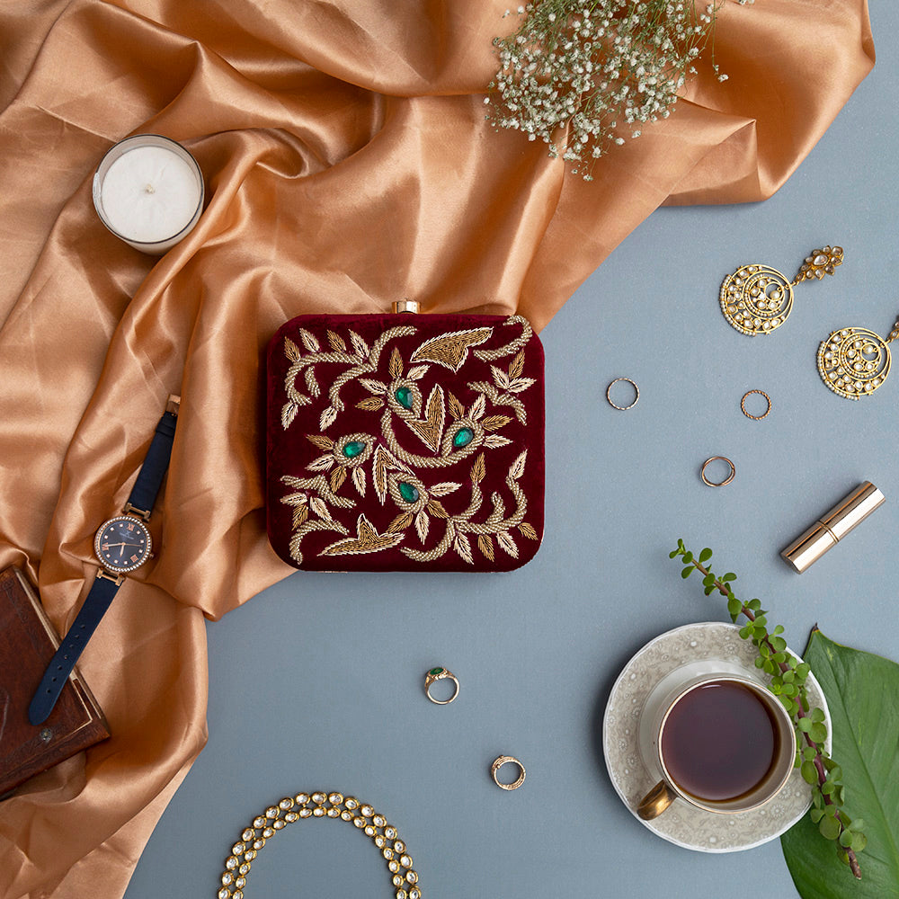 THE TAN CLAN Crimson Sqaure Hand Embroidered Clutch