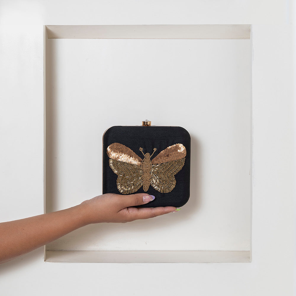 THE TAN CLAN NIgah Square Hand Embroidered Butterfly Clutch