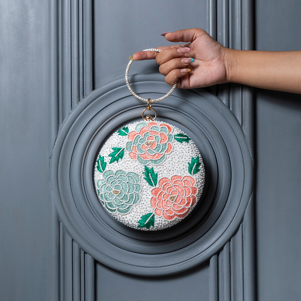 THE TAN CLAN Zahra Round Floral Hand Embroidered Clutch