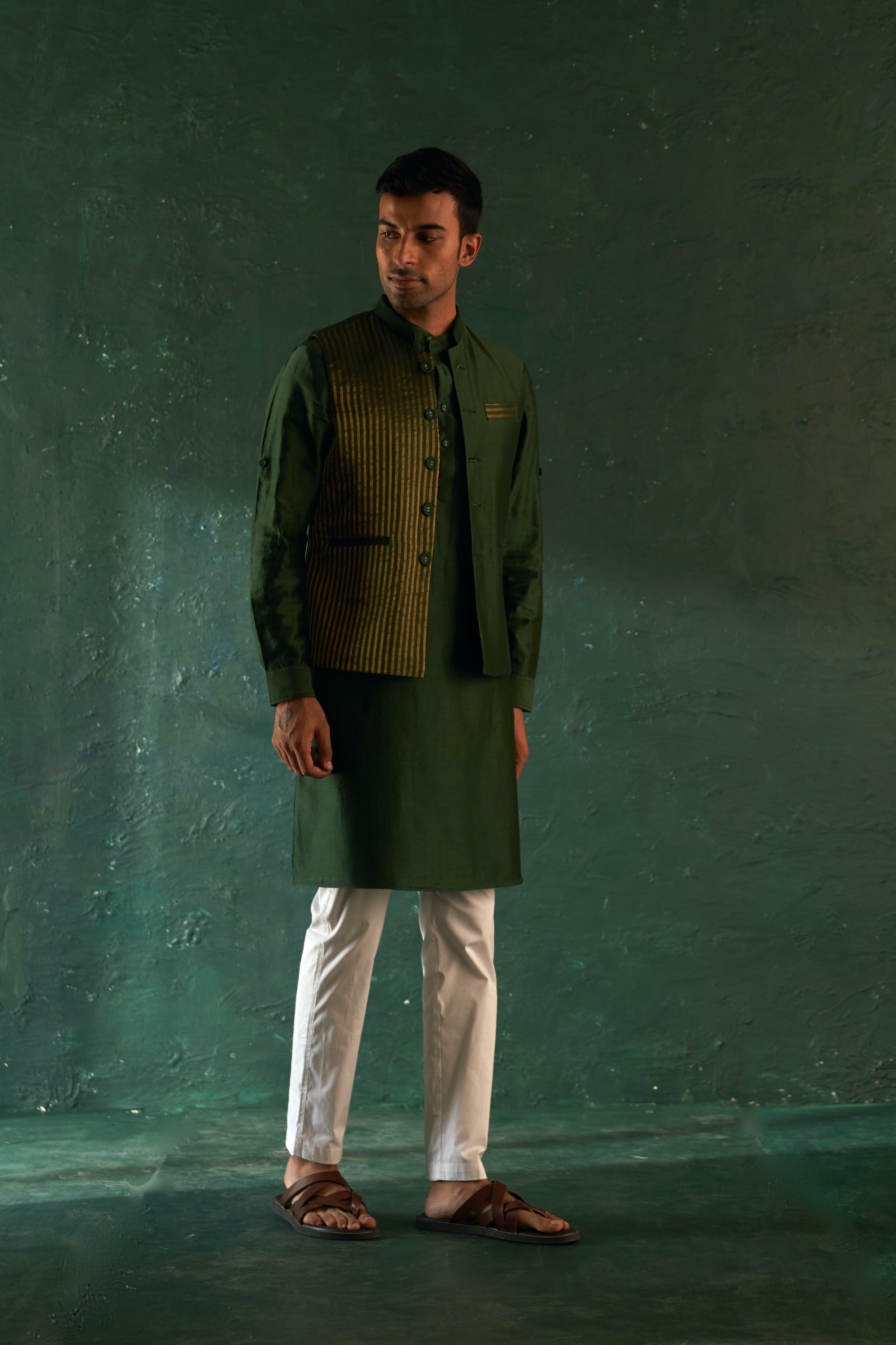 Midas Deep Green Tissue Stripe Nehru Jacket - Set of 1