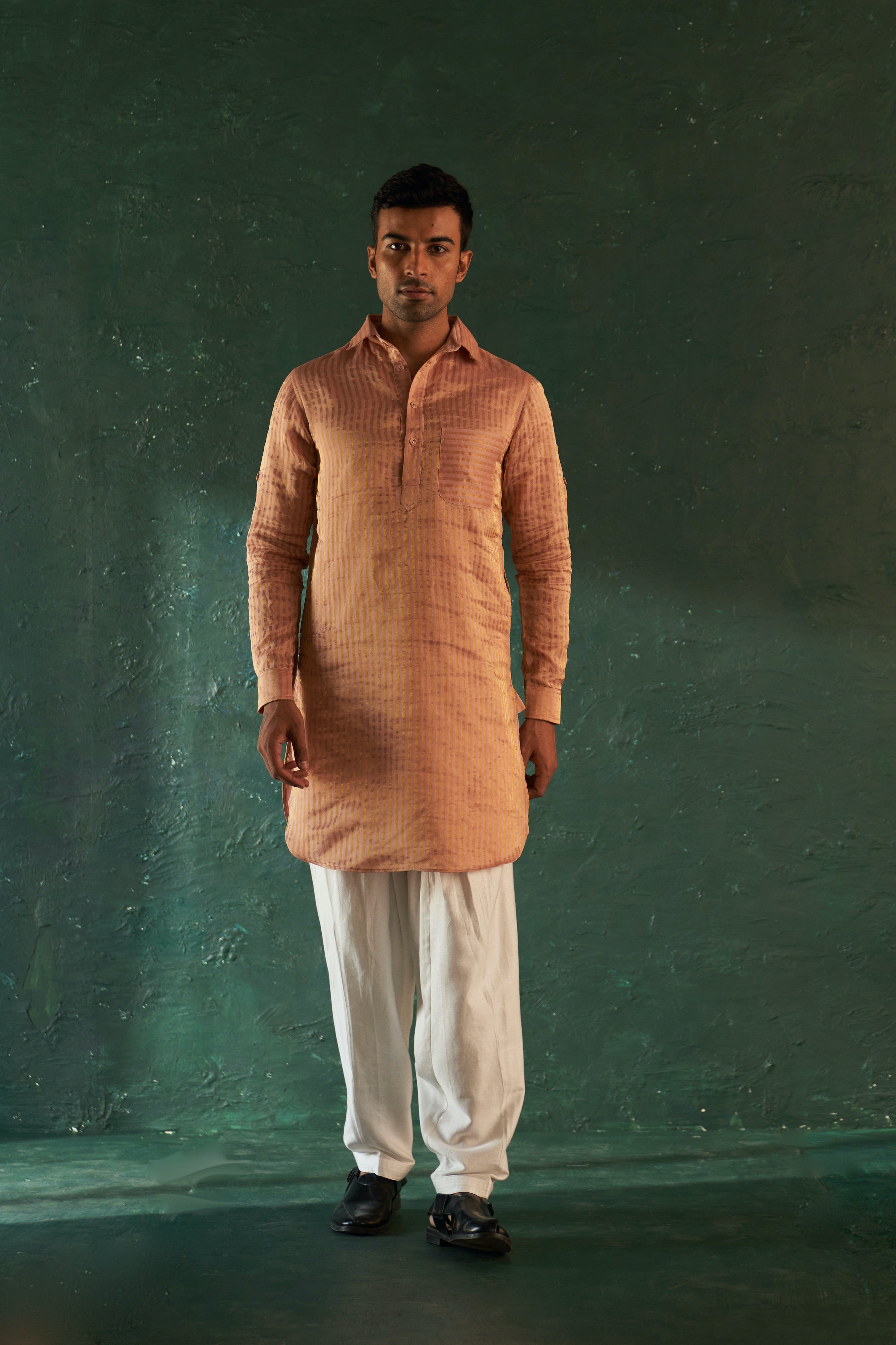 Midas Old Rose Tissue Stripe Pathani Kurta With Salwar- set of 2
