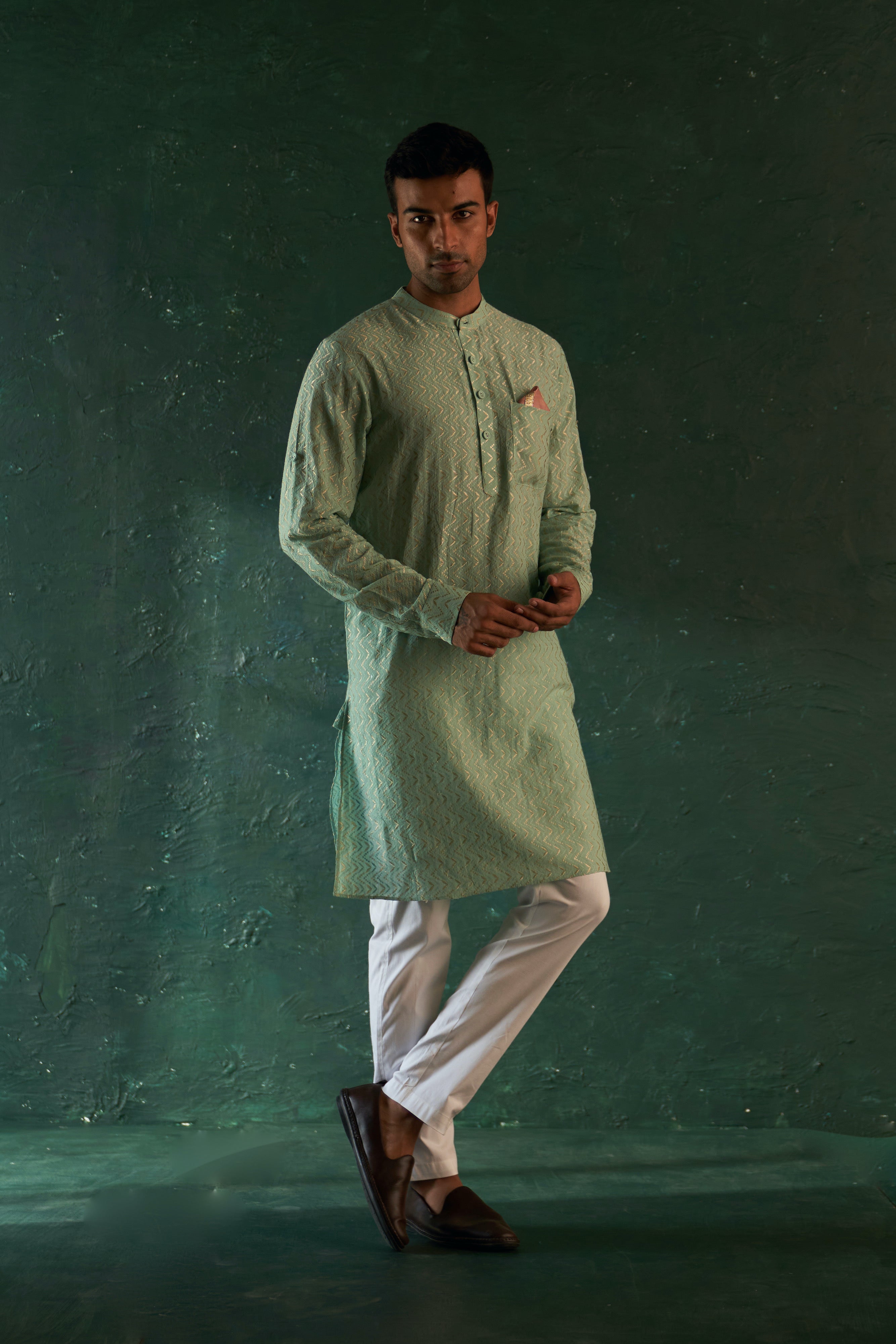 Midas Aqua Green Chevron Embroidered Kurta With Pant- set of 2
