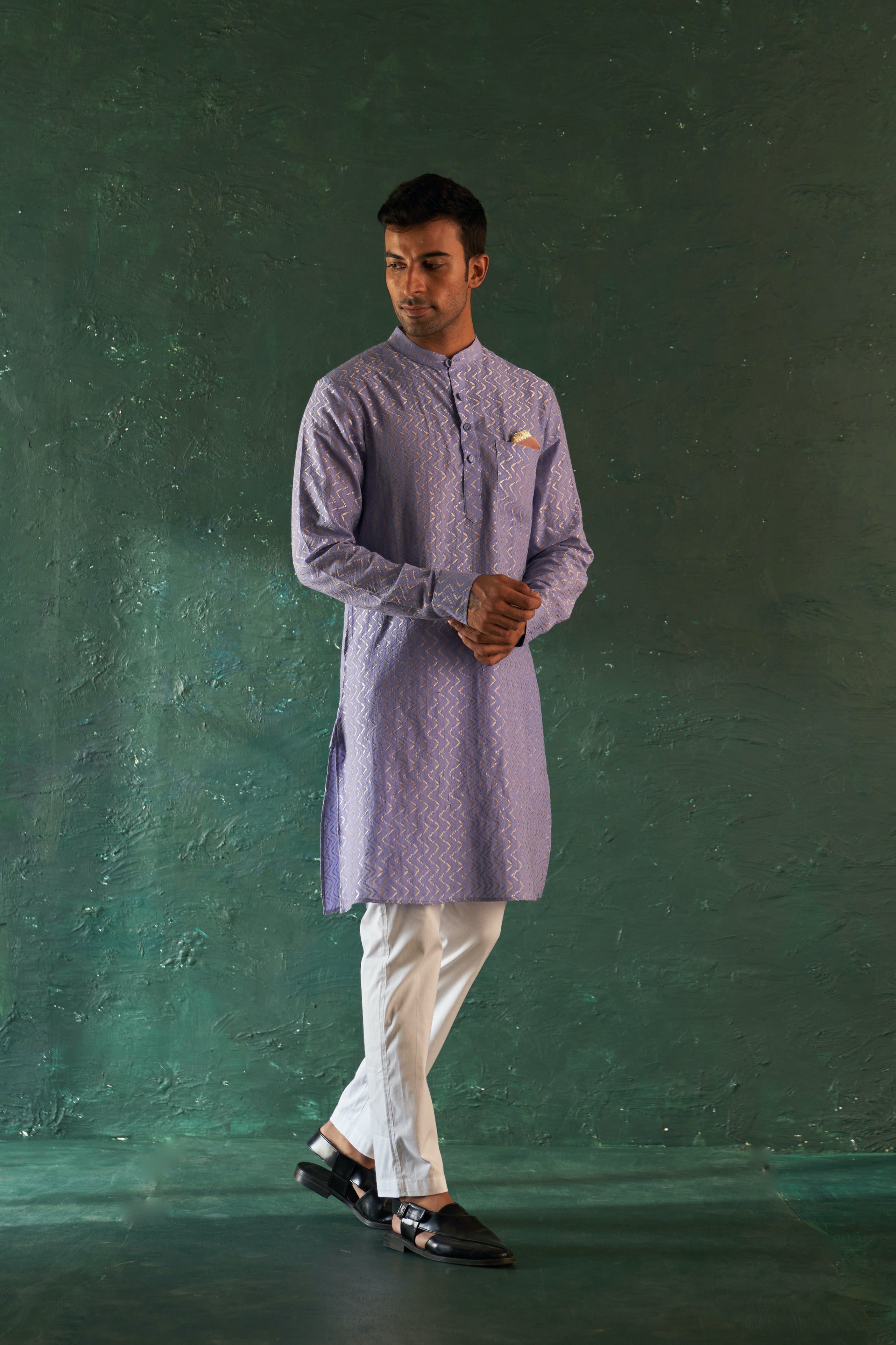 Men's Lavender Chevron Straight Kurta Set With Jacket- set of 3