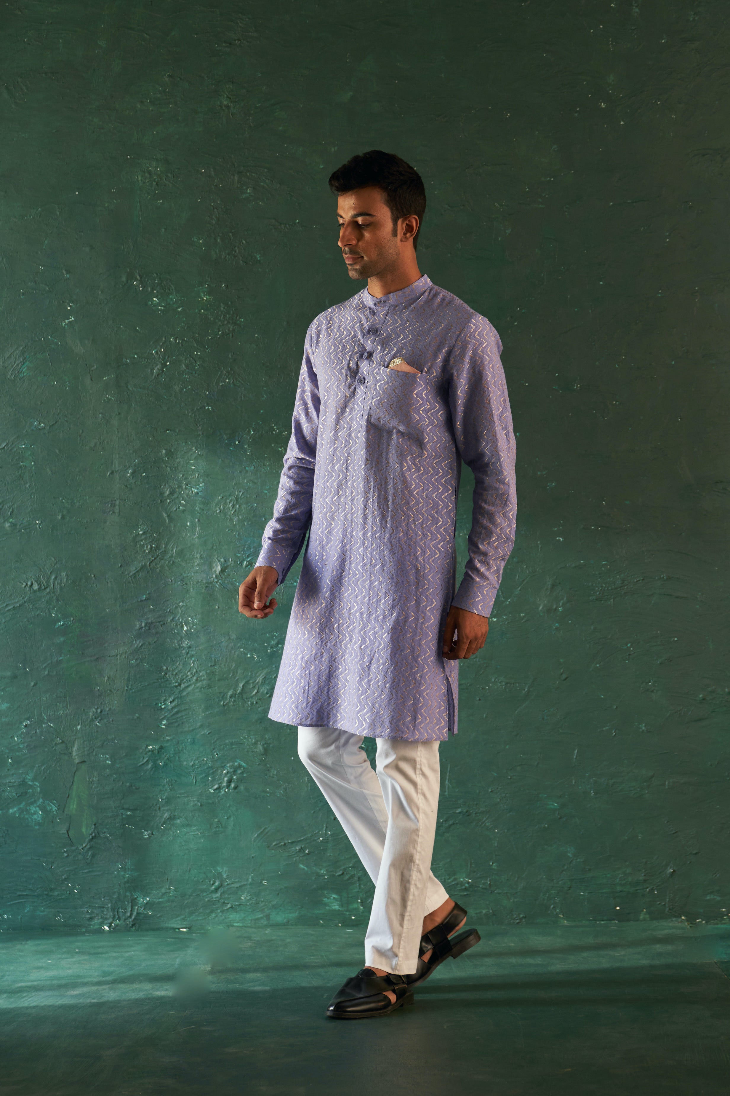 Men's Lavender Chevron Straight Kurta Set With Jacket- set of 3