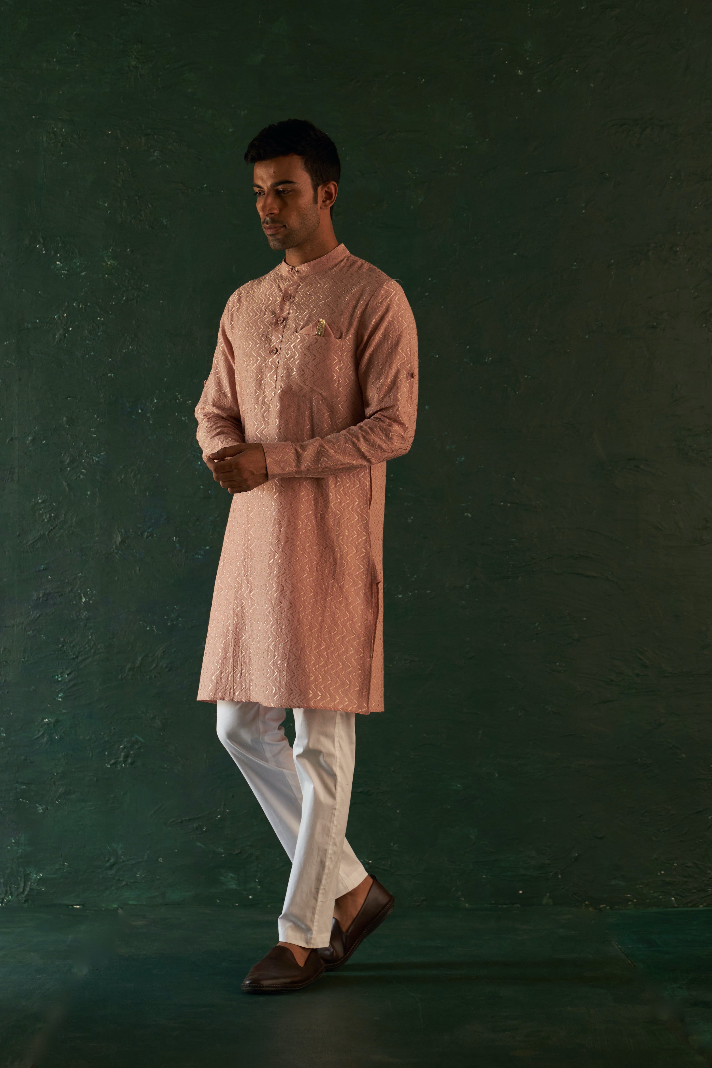Midas Old Rose Chevron Embroidered Kurta With Pant- set of 2