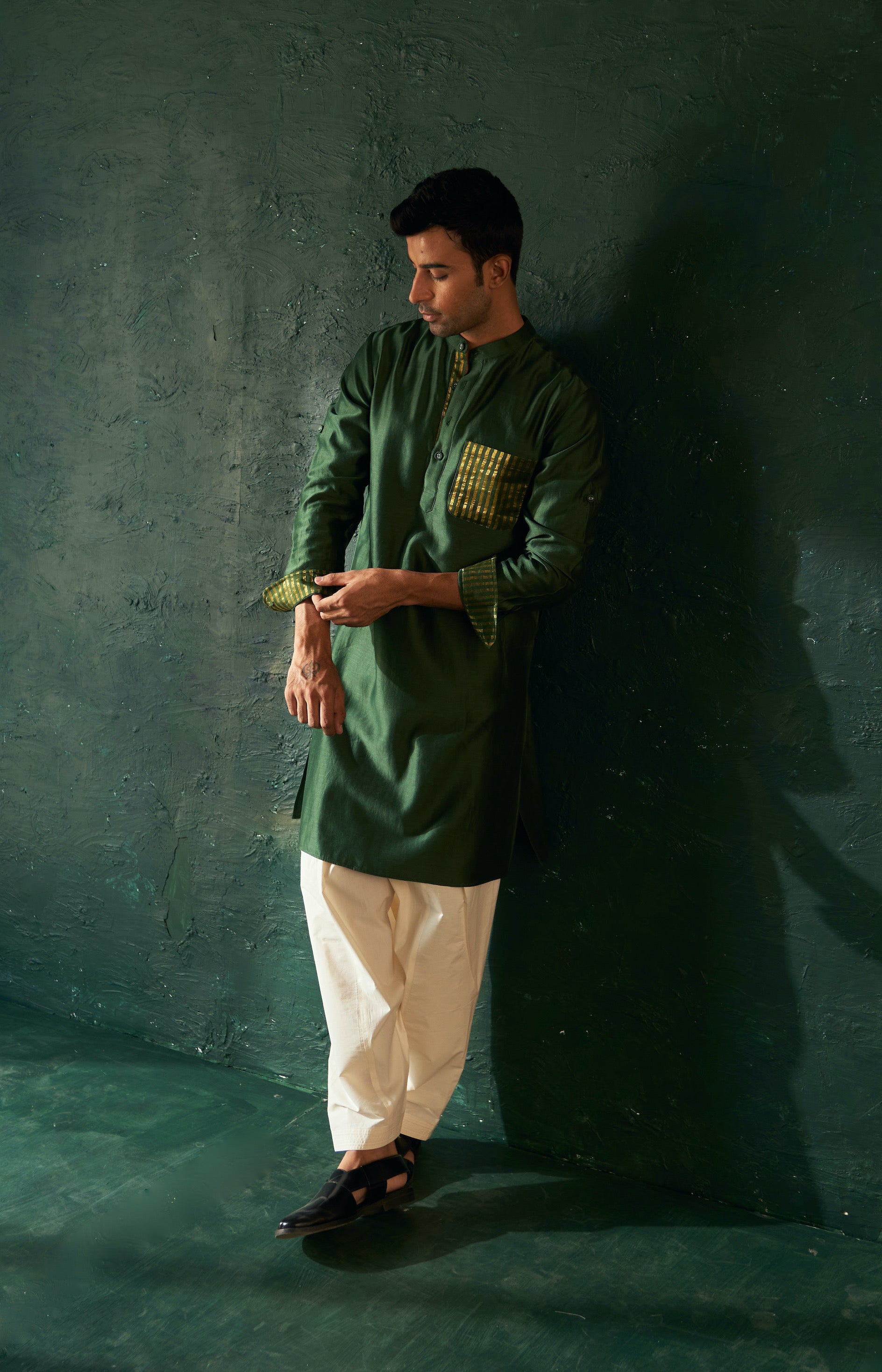 Men's Deep Green Straight Kurta Set with Jacket- set of 3