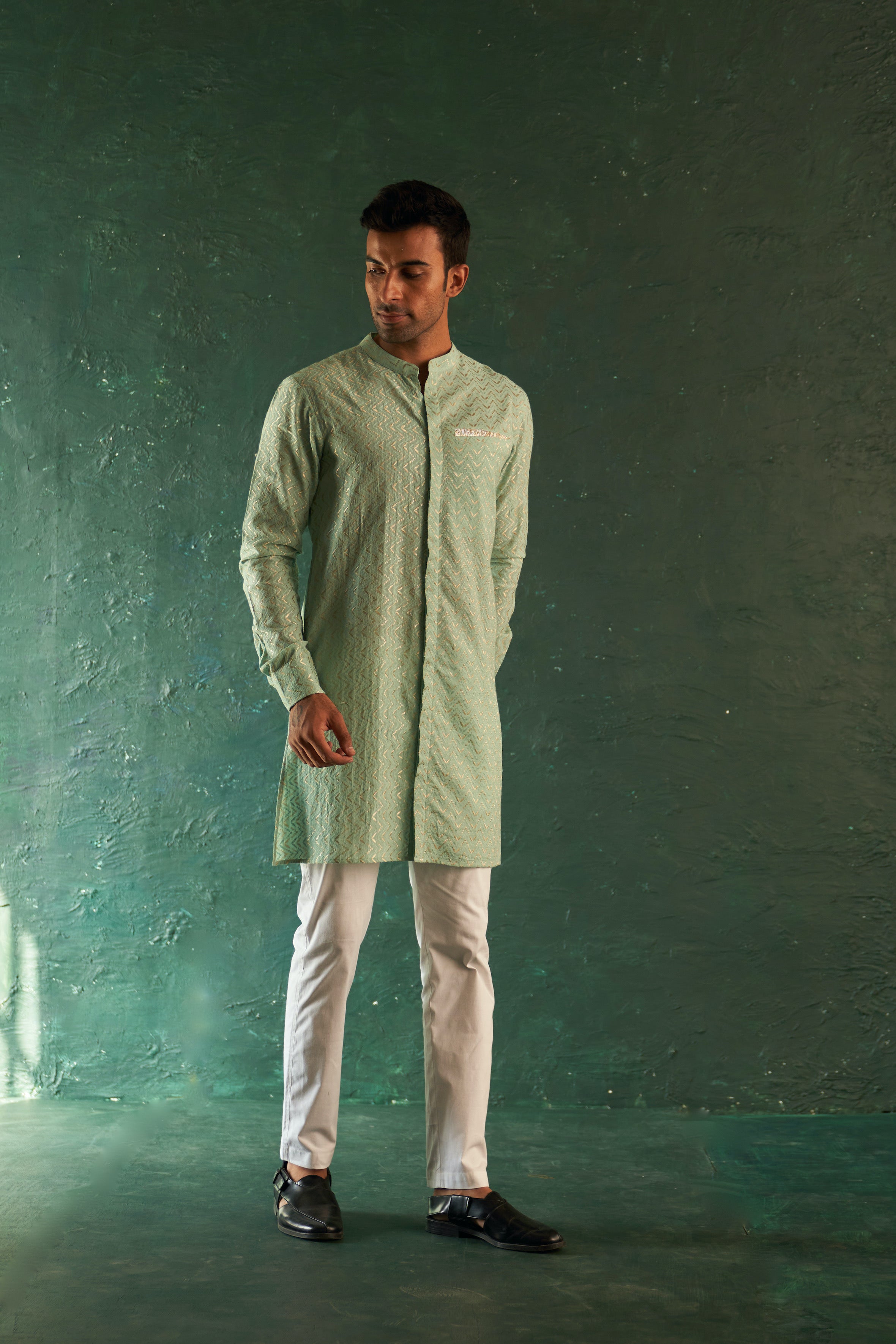 Midas Aqua Green Chevron Kurta With Pant- set of 2