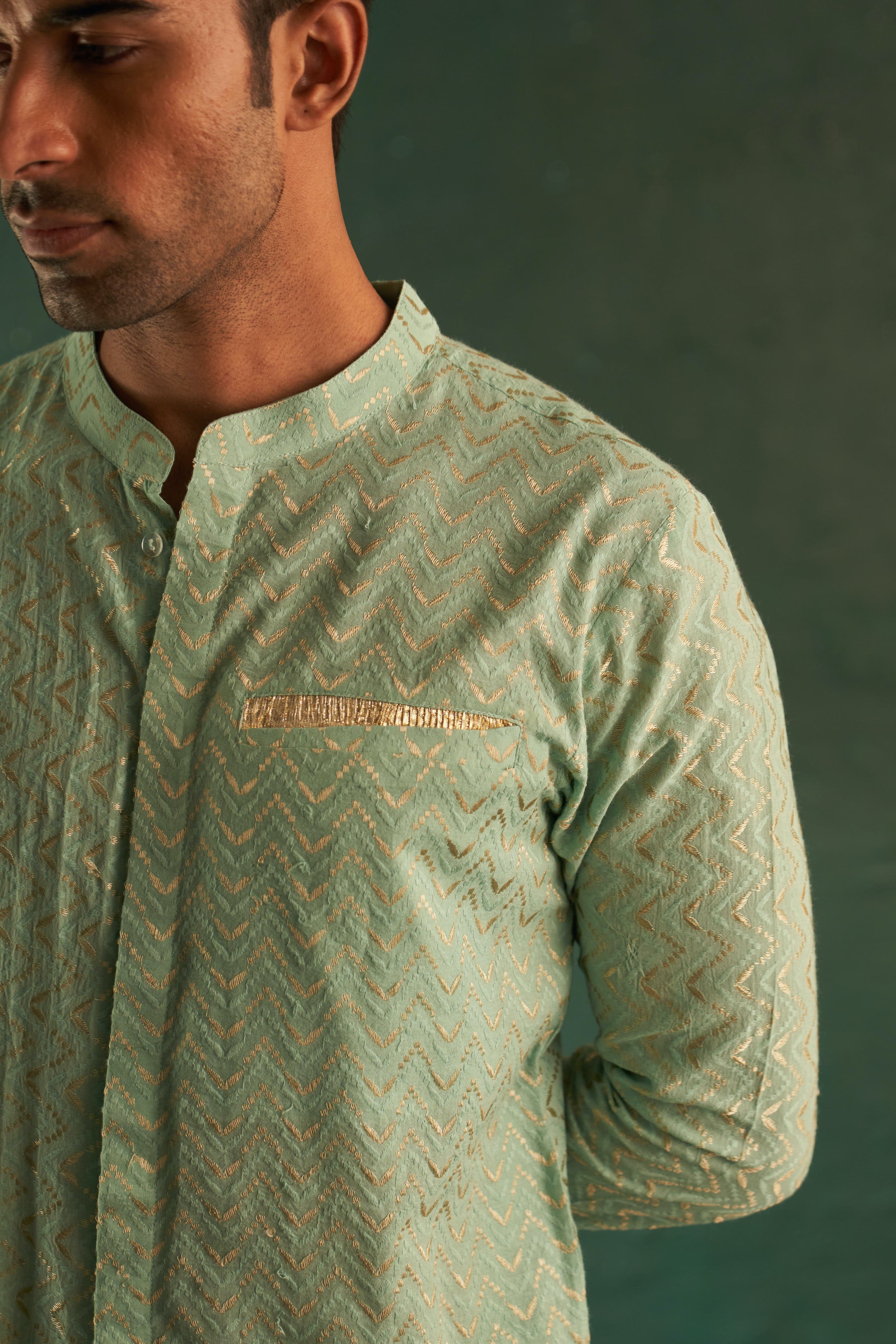 Midas Aqua Green Chevron Kurta With Pant- set of 2