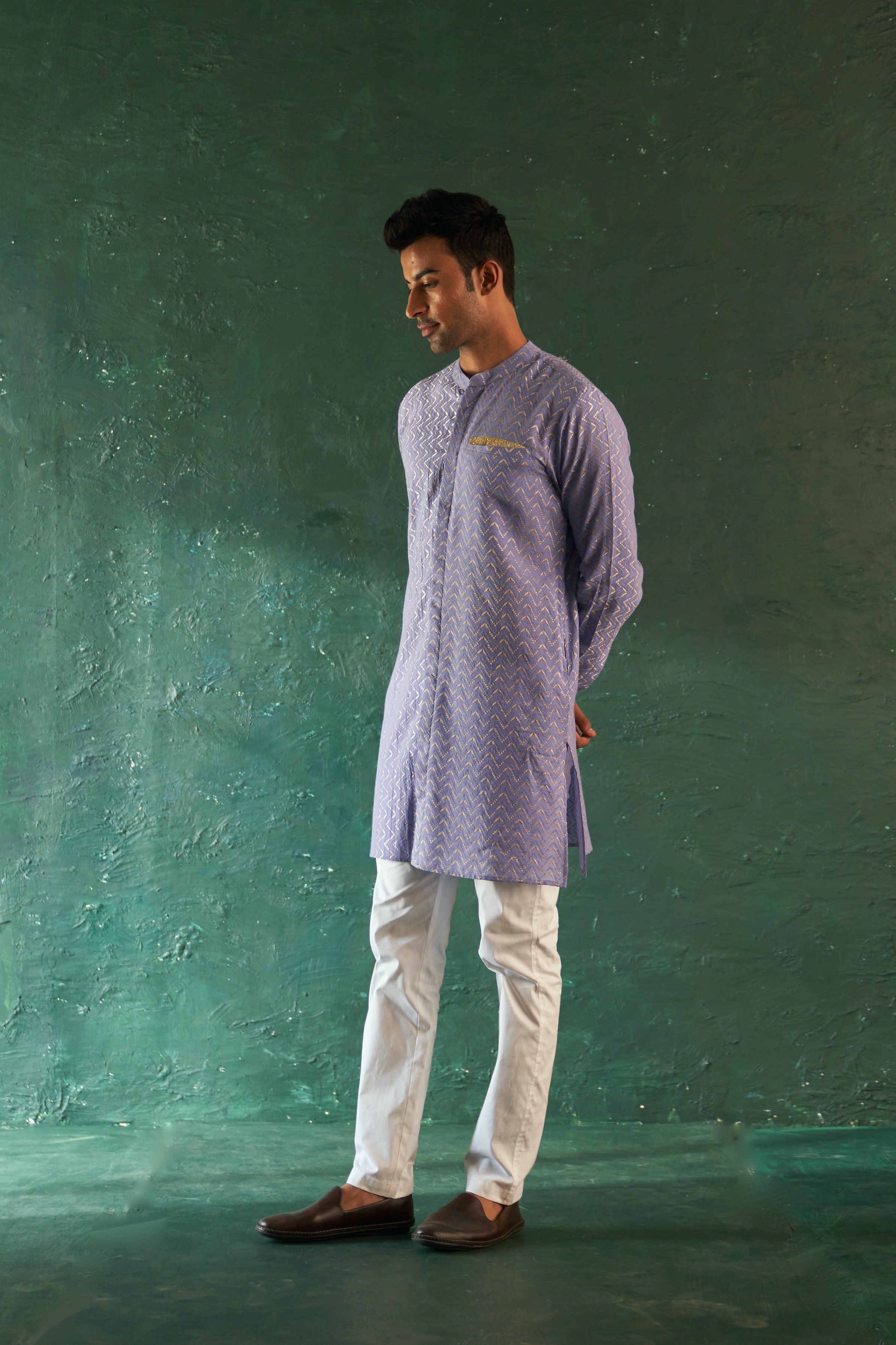 Midas Lavender Chevron Front Placket Kurta With Pant- set of 2