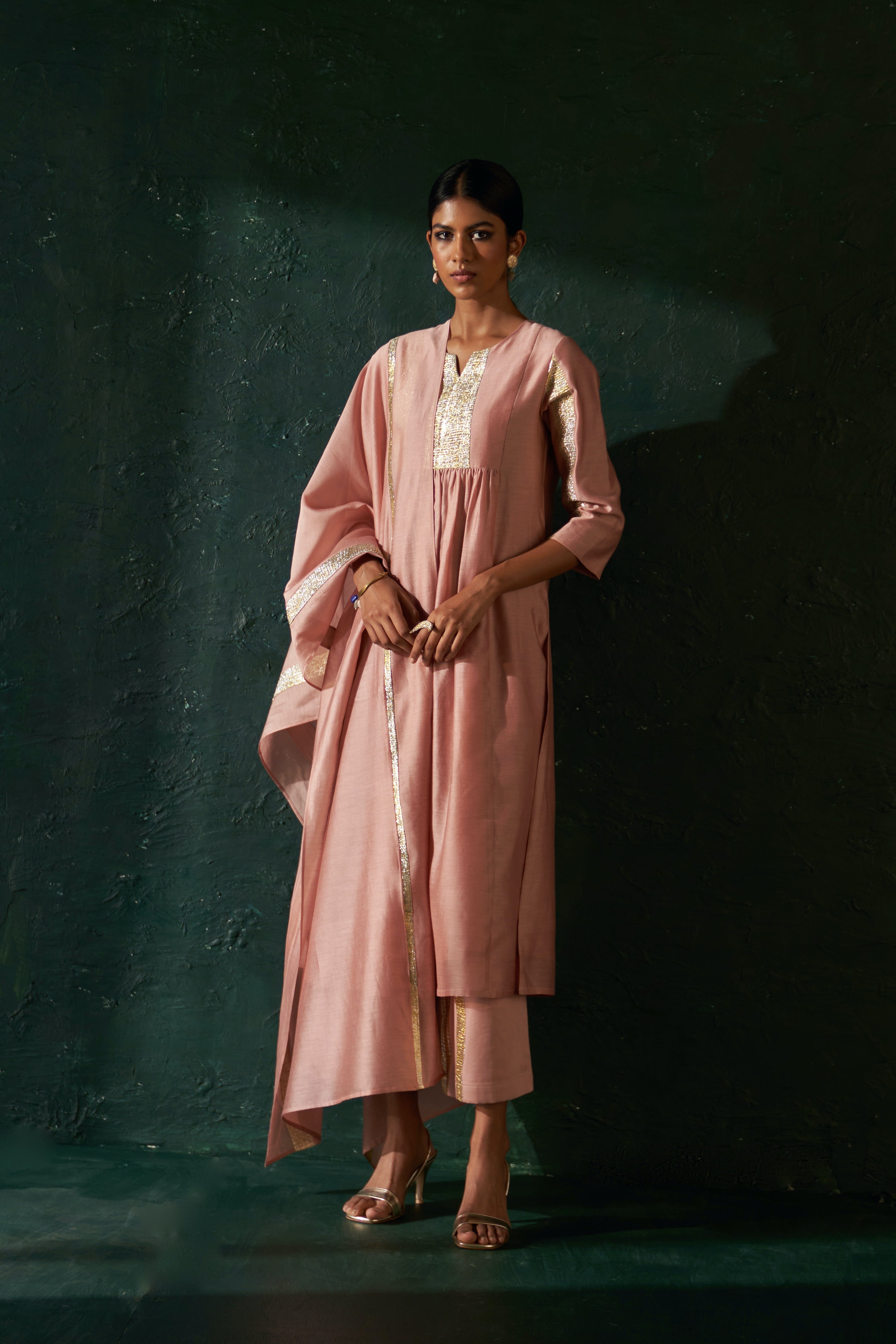 Midas Old Rose Chanderi Kurta- Set of 3