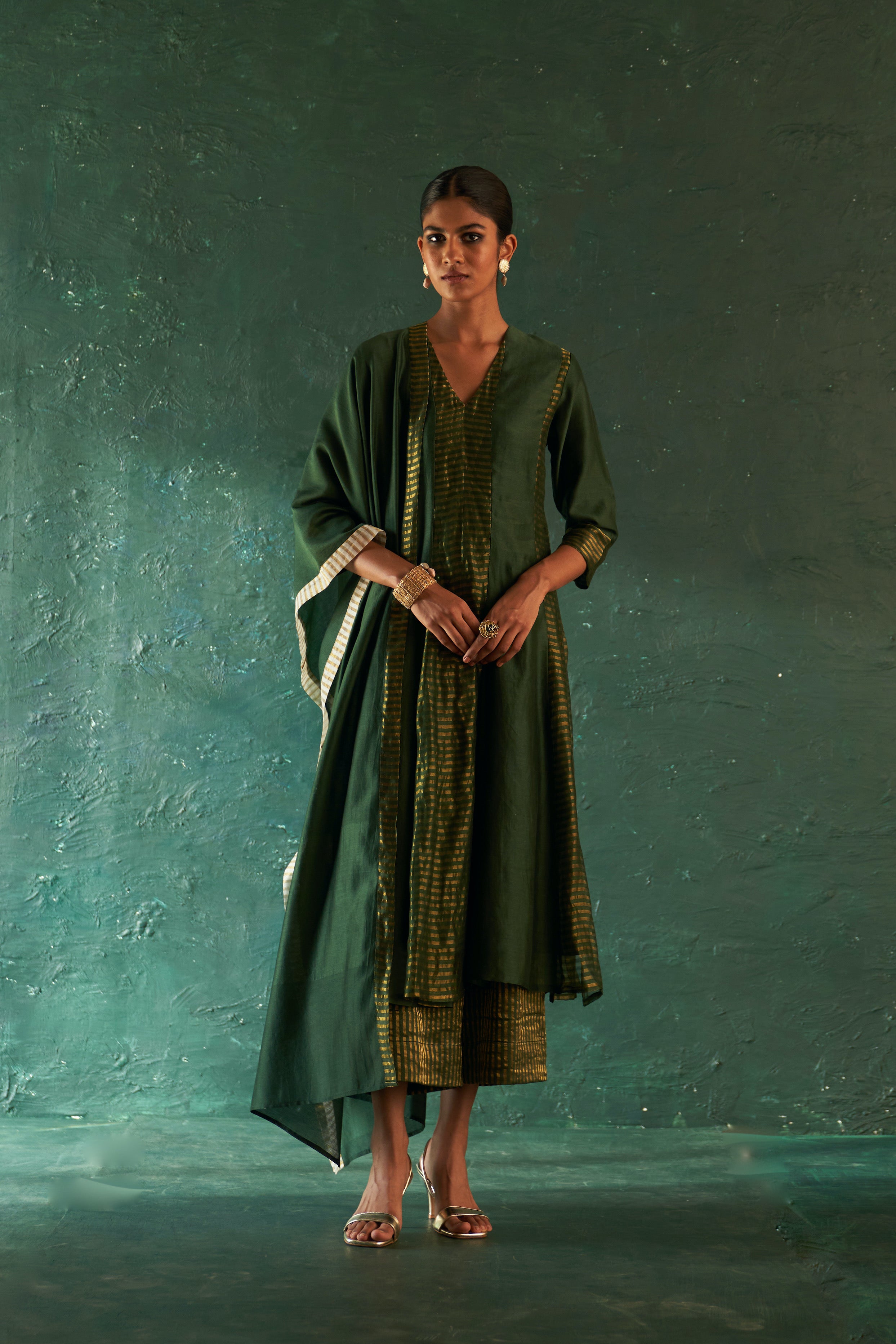 Midas Deep Green Chanderi Kurta - set of 3