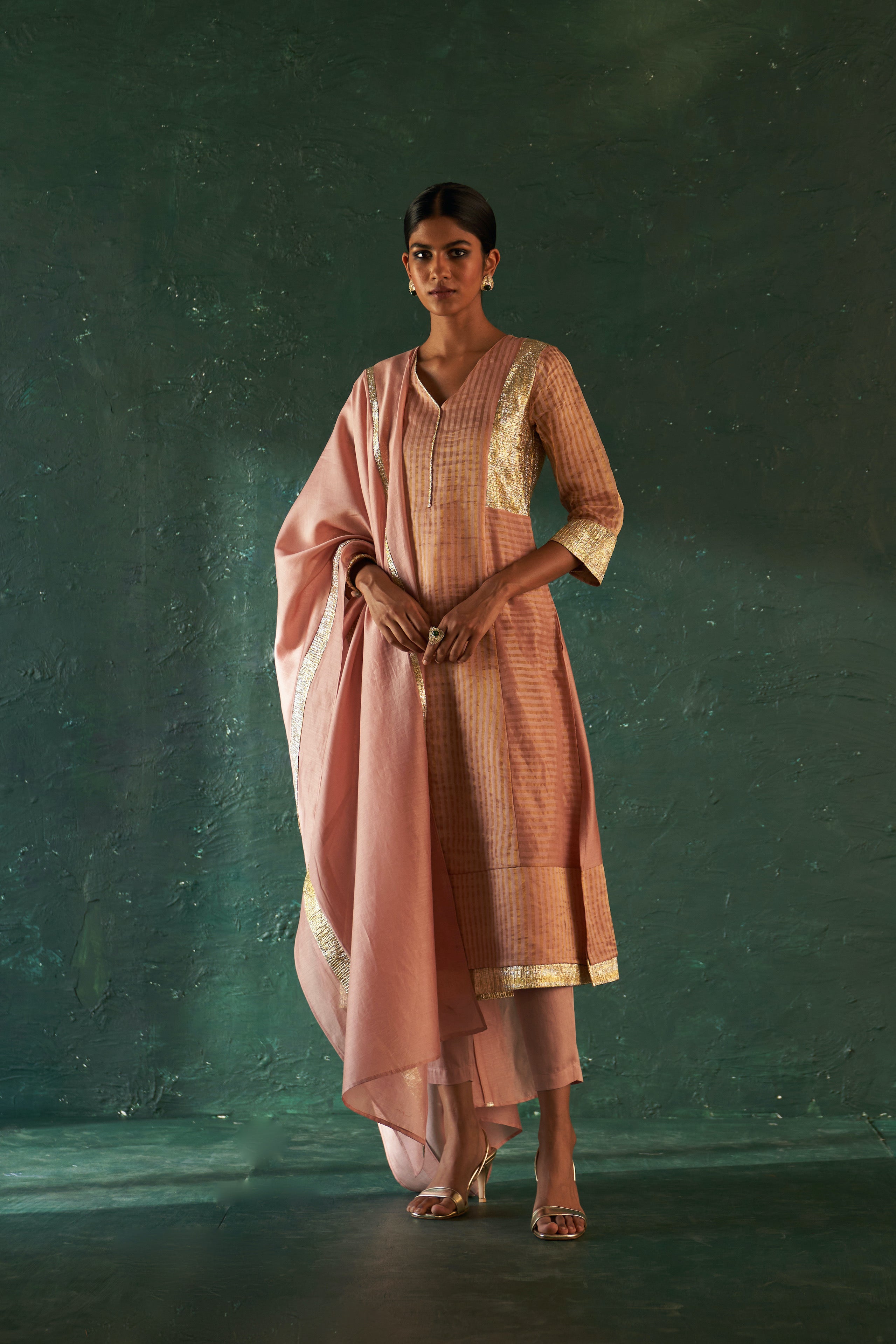 Midas Old Rose Tissue Stripes Kurta - set of 3
