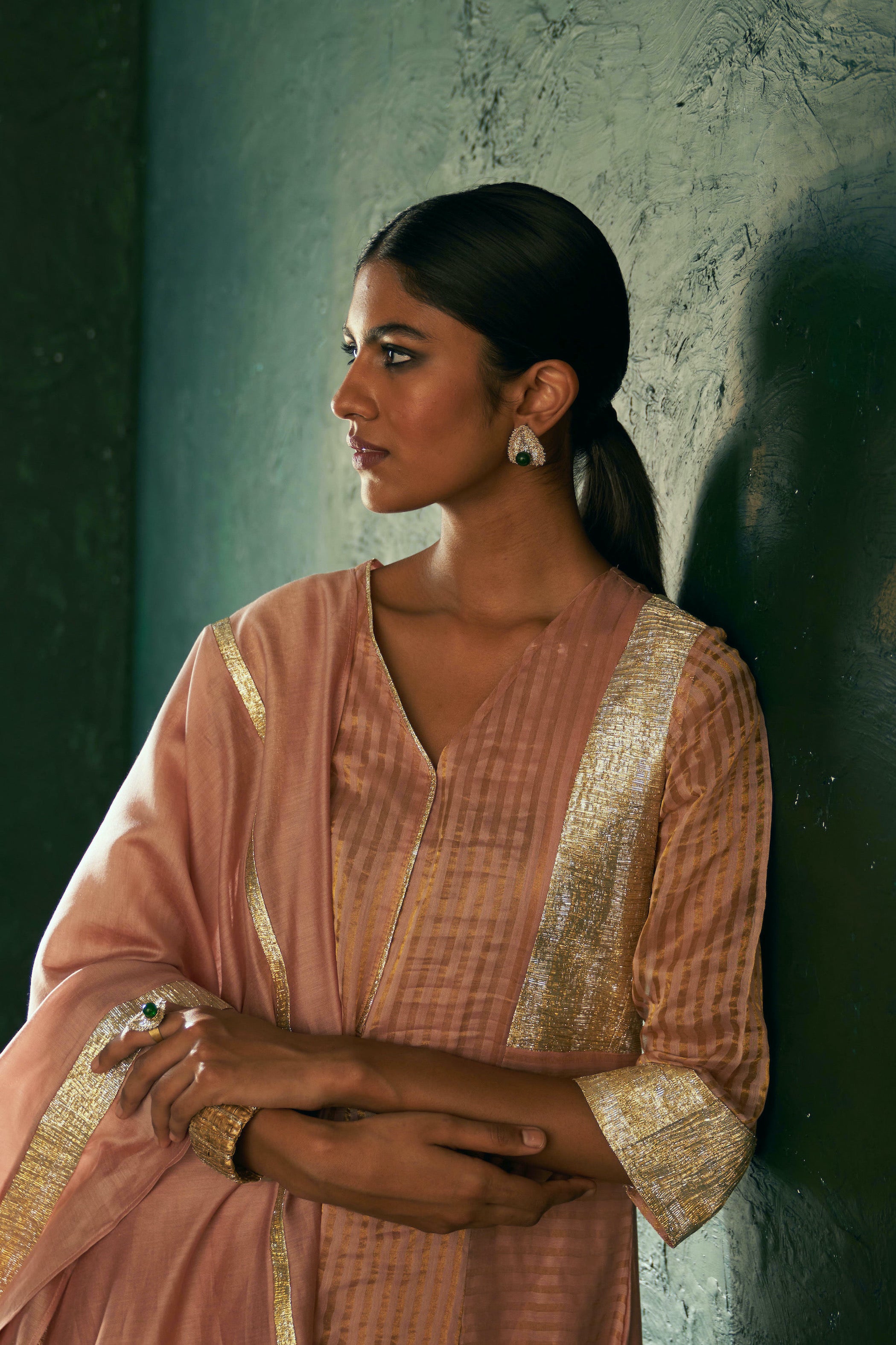 Midas Old Rose Tissue Stripes Kurta - set of 3