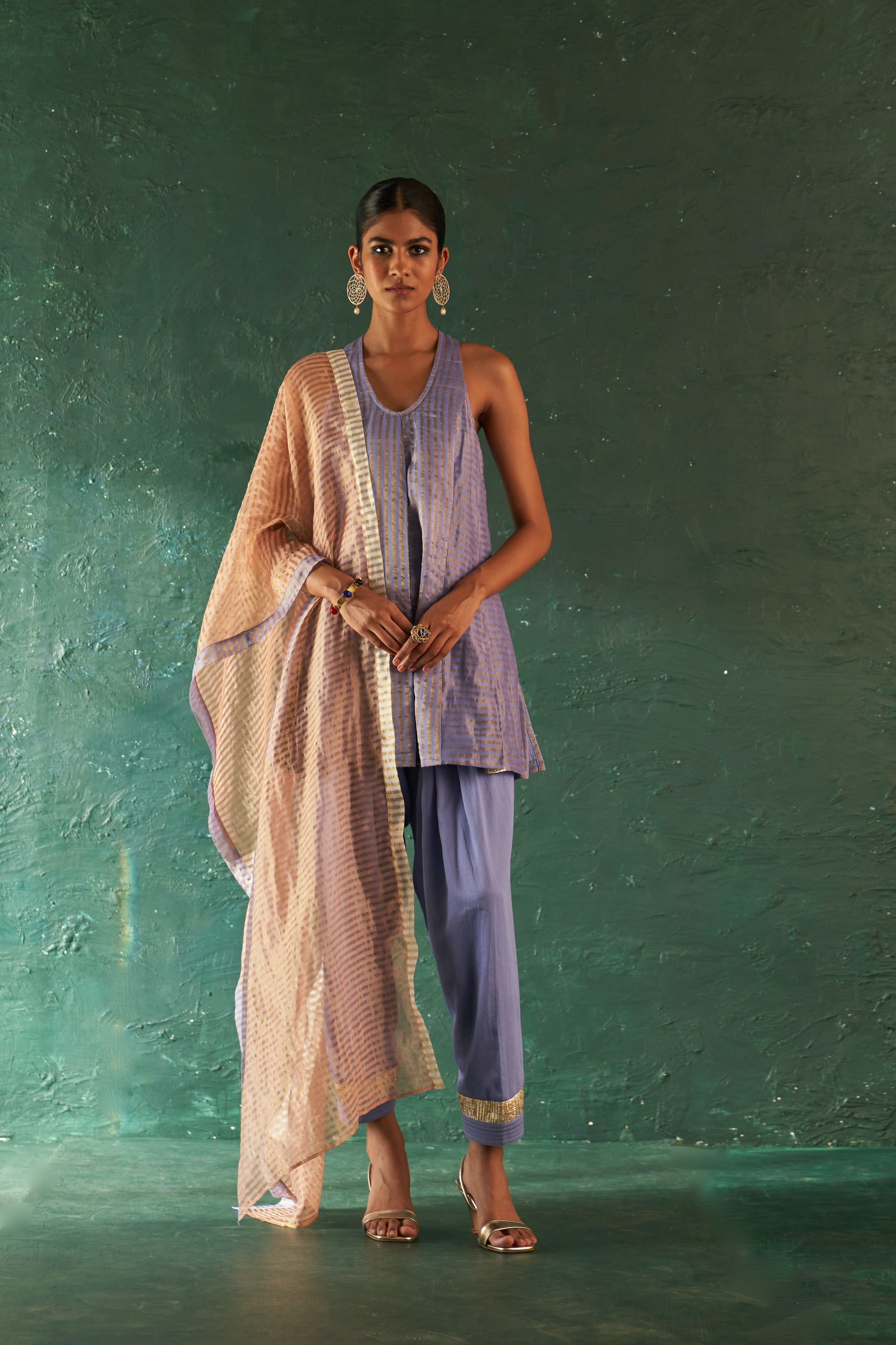 Midas Lavender Tissue Stripes Sharara Kurta - set of 3