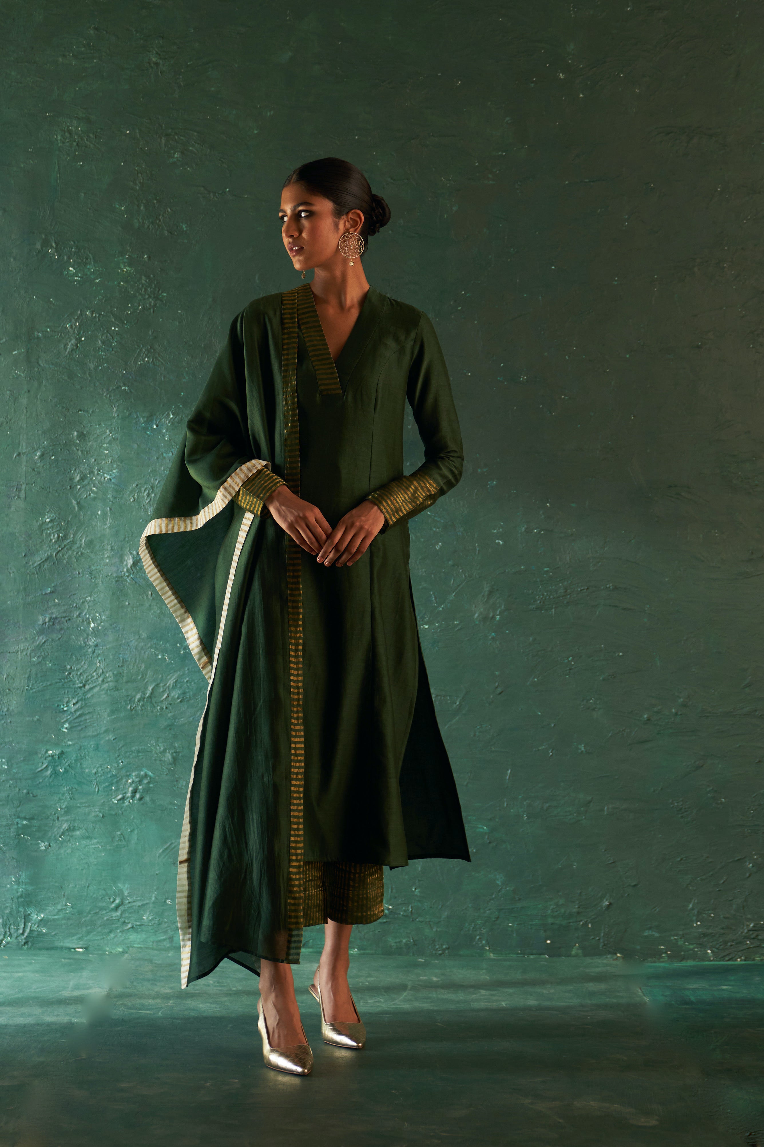 Midas Deep Green Chanderi Kurta - Set of 3