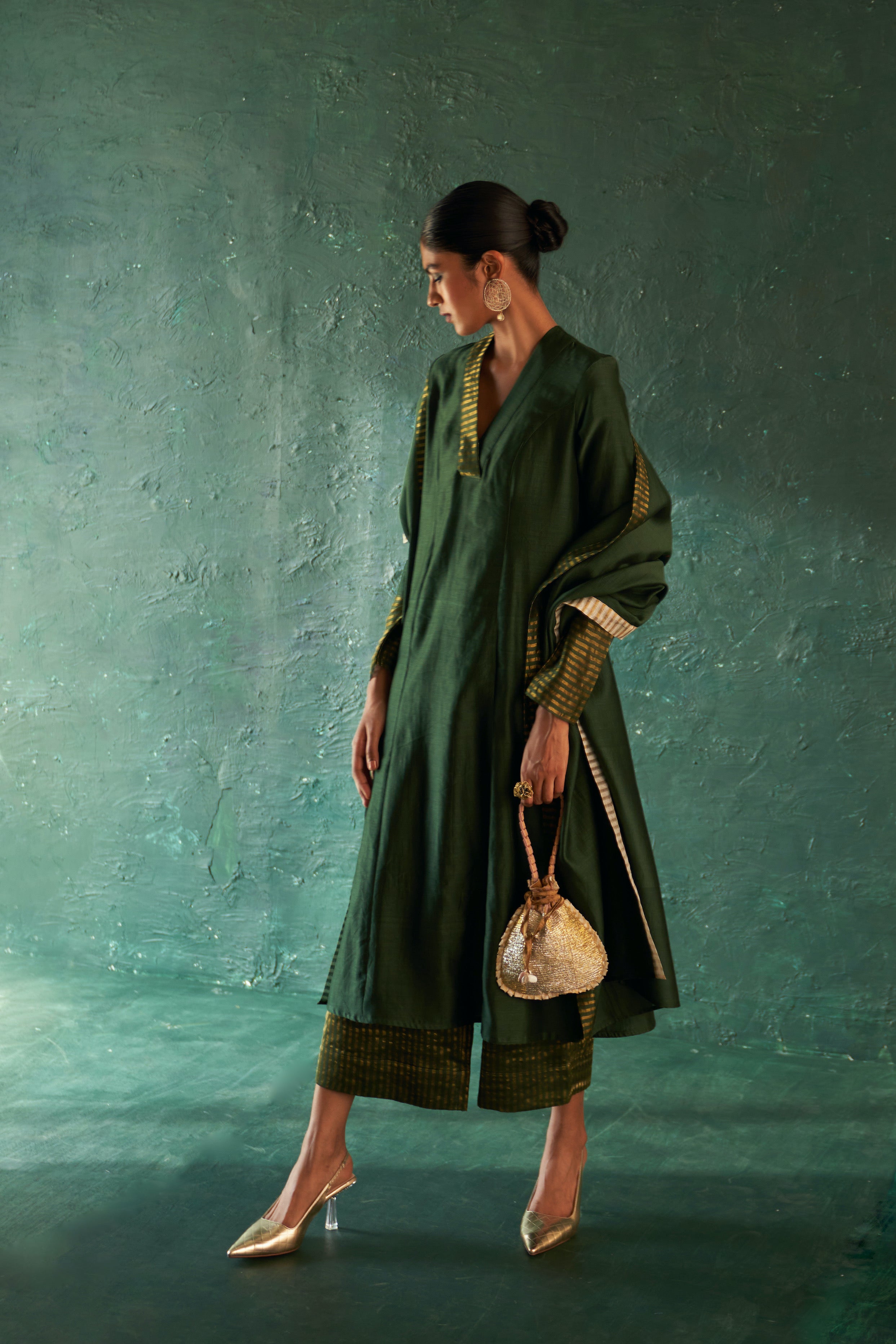 Midas Deep Green Chanderi Kurta - Set of 3