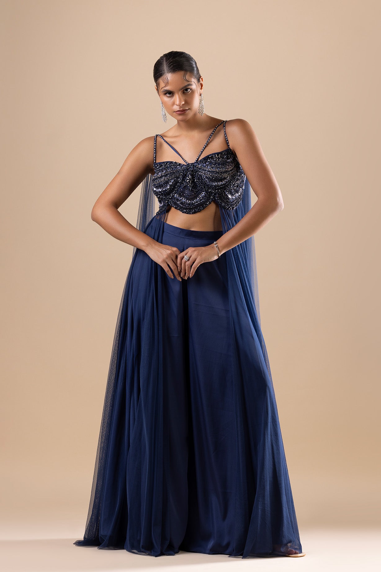 Navy Blue Fusion Crop Top With Plazzo
