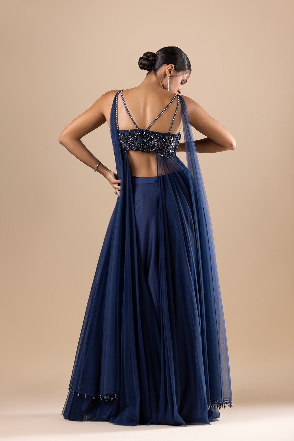 Navy Blue Fusion Crop Top With Plazzo