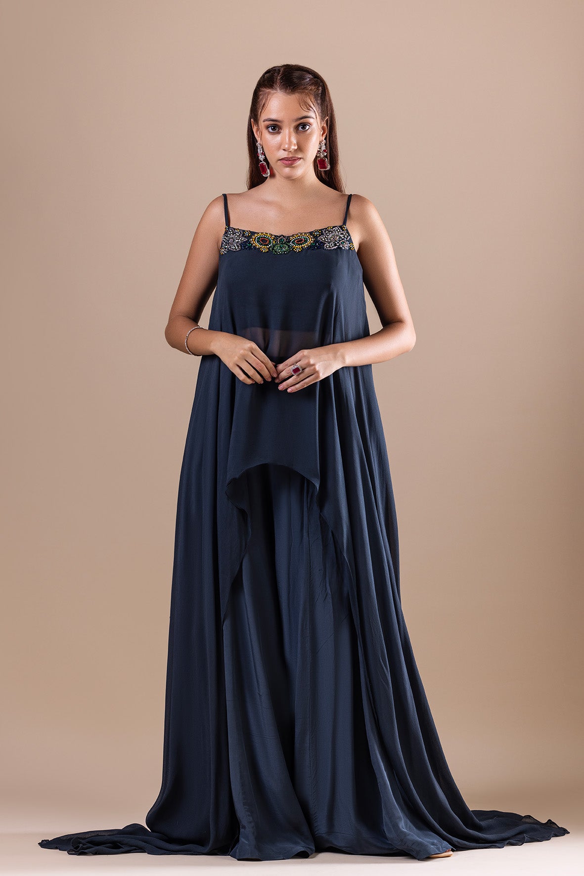 Bottle Green Georgette Long Top And Sharara