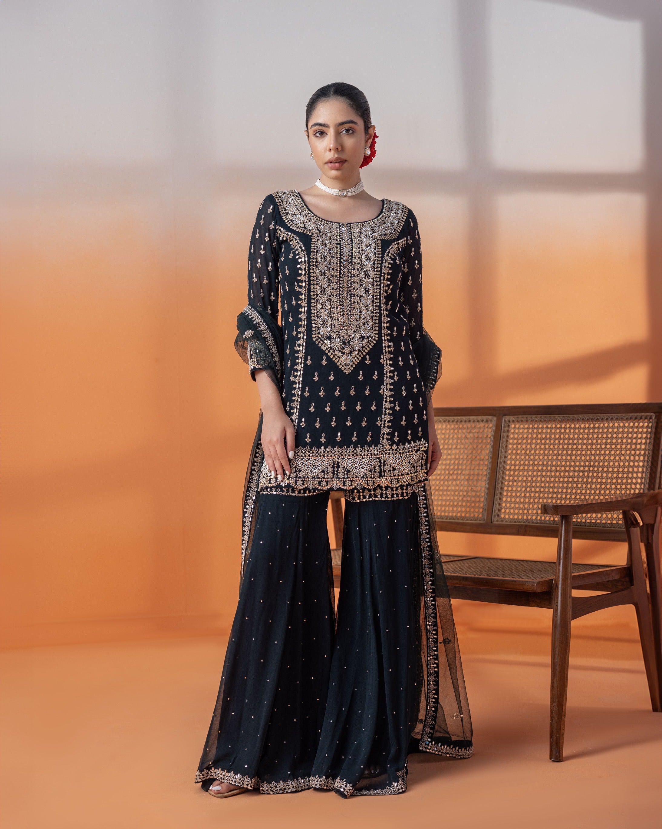 Navy Kundan & Mirror Gharara Set