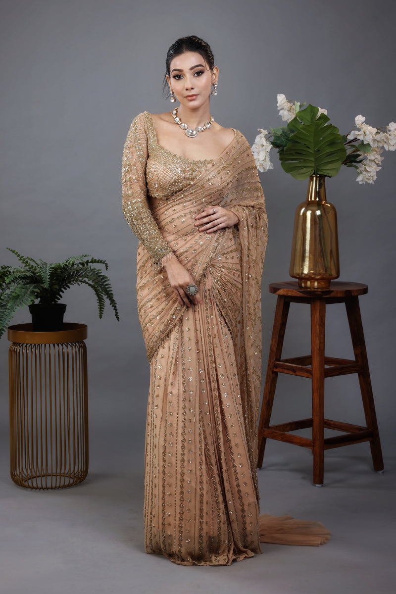 Predrae Handwork Saree Set In Gold