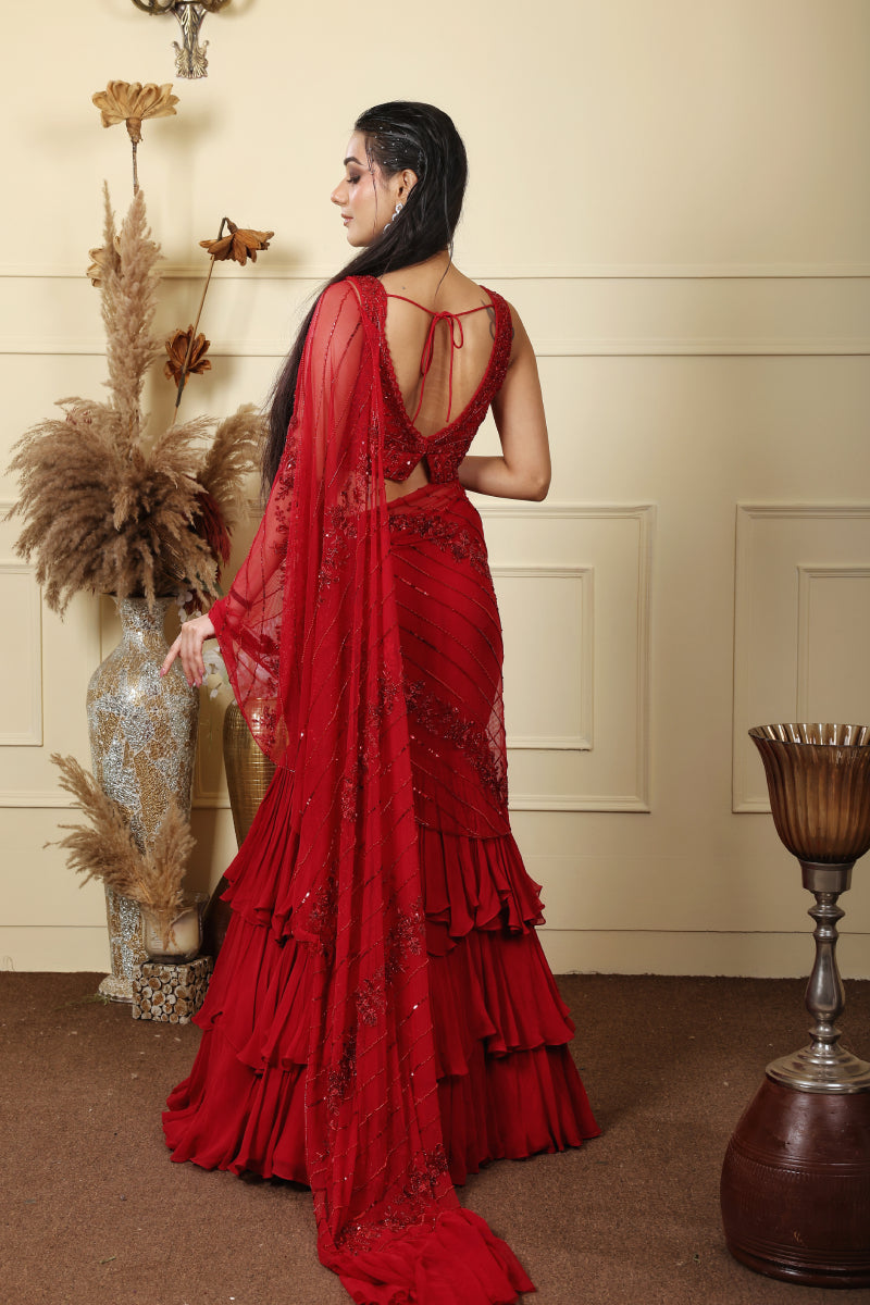 Red Layered Lehenga With Detachable Drape