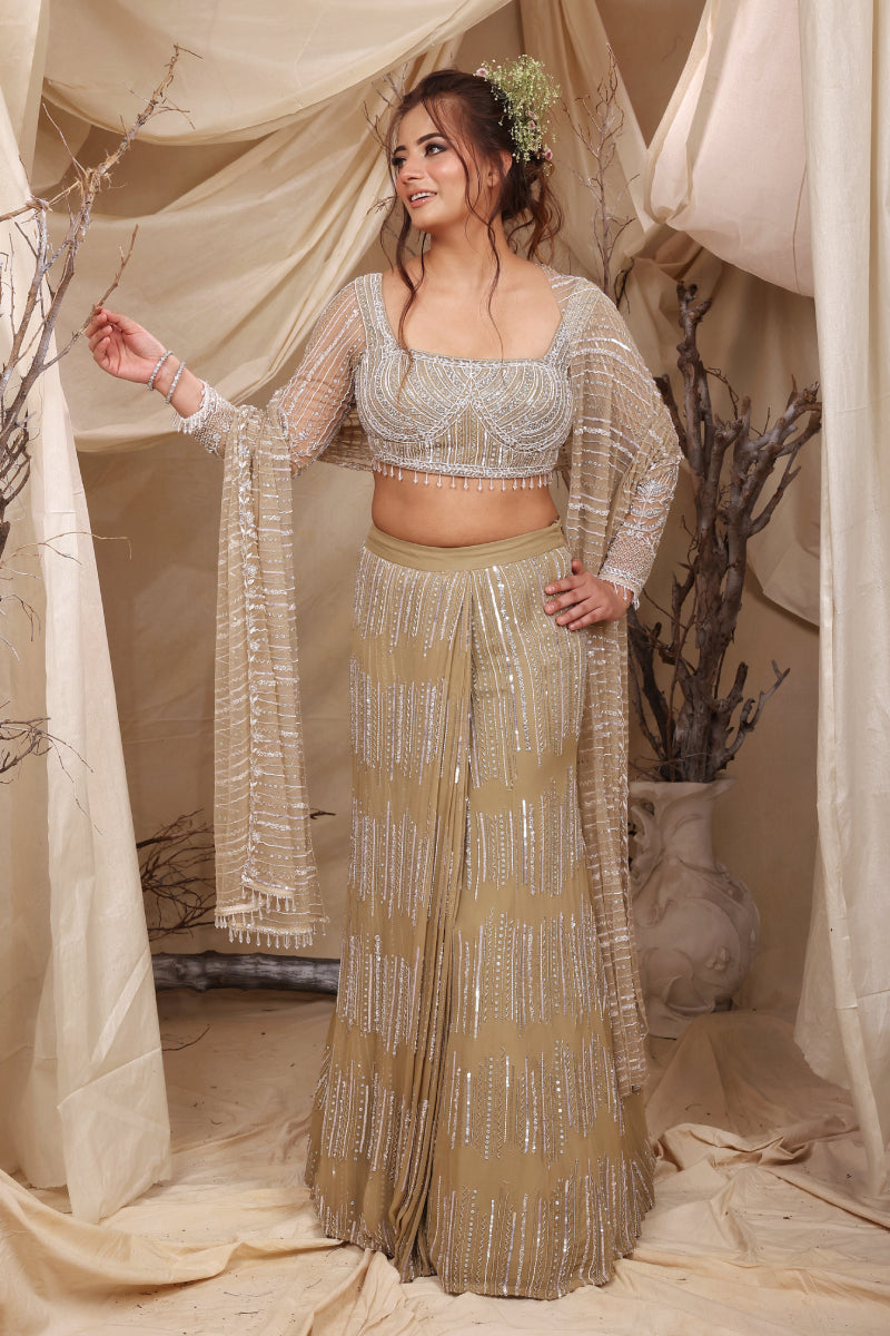 Dusty Sage Fishcut Pre Drape Saree With Tulle Drape