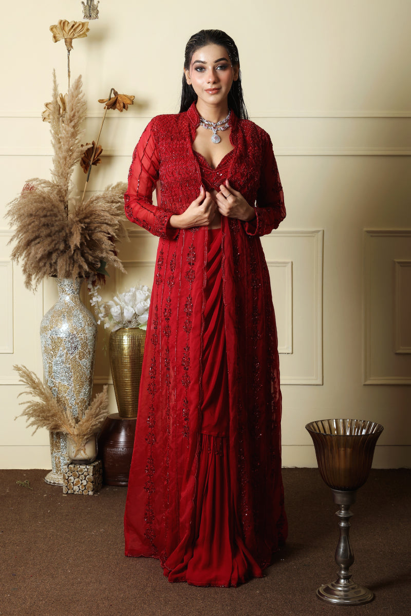 Red Pre Drape Saree With Long Jacket