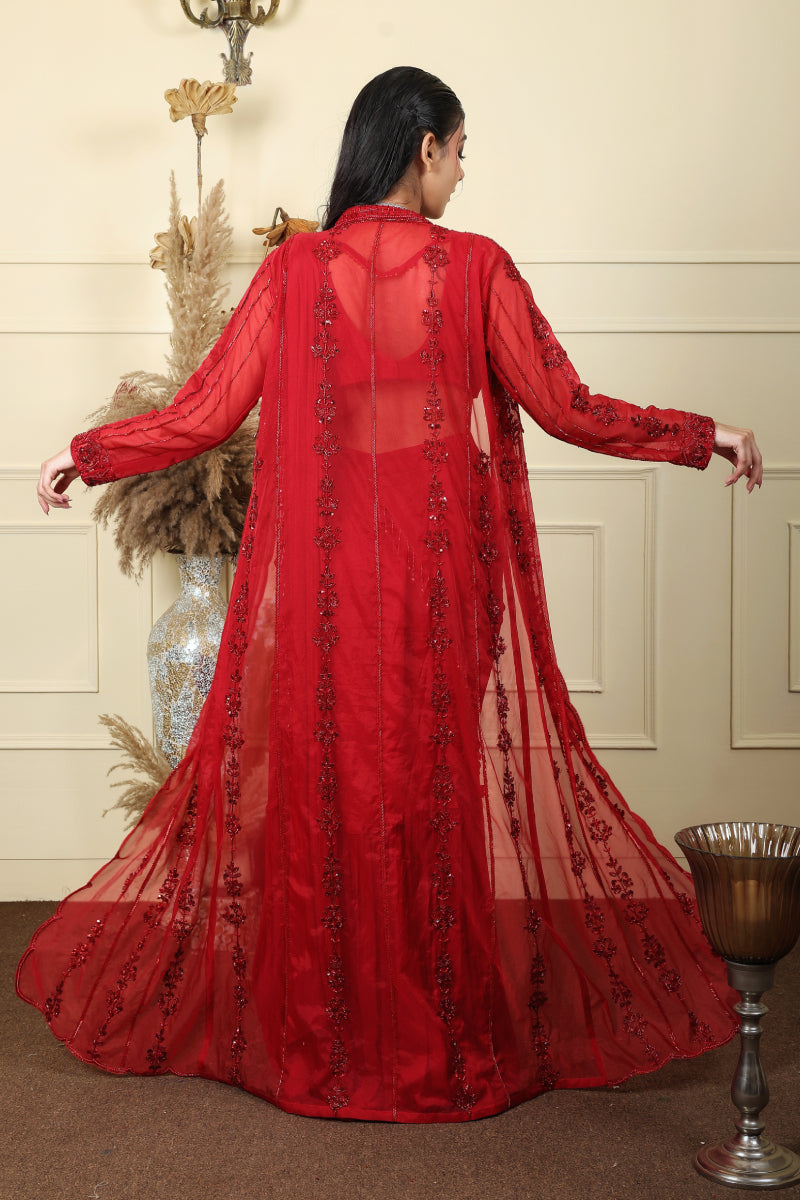 Red Pre Drape Saree With Long Jacket