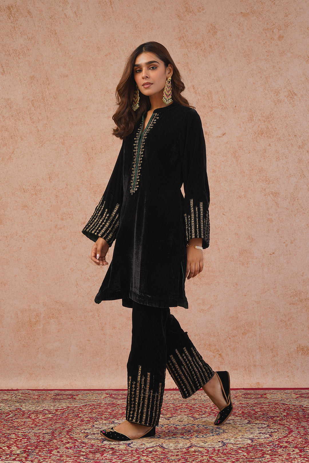 Regal Black Velvet Embroidered Set- Inching India