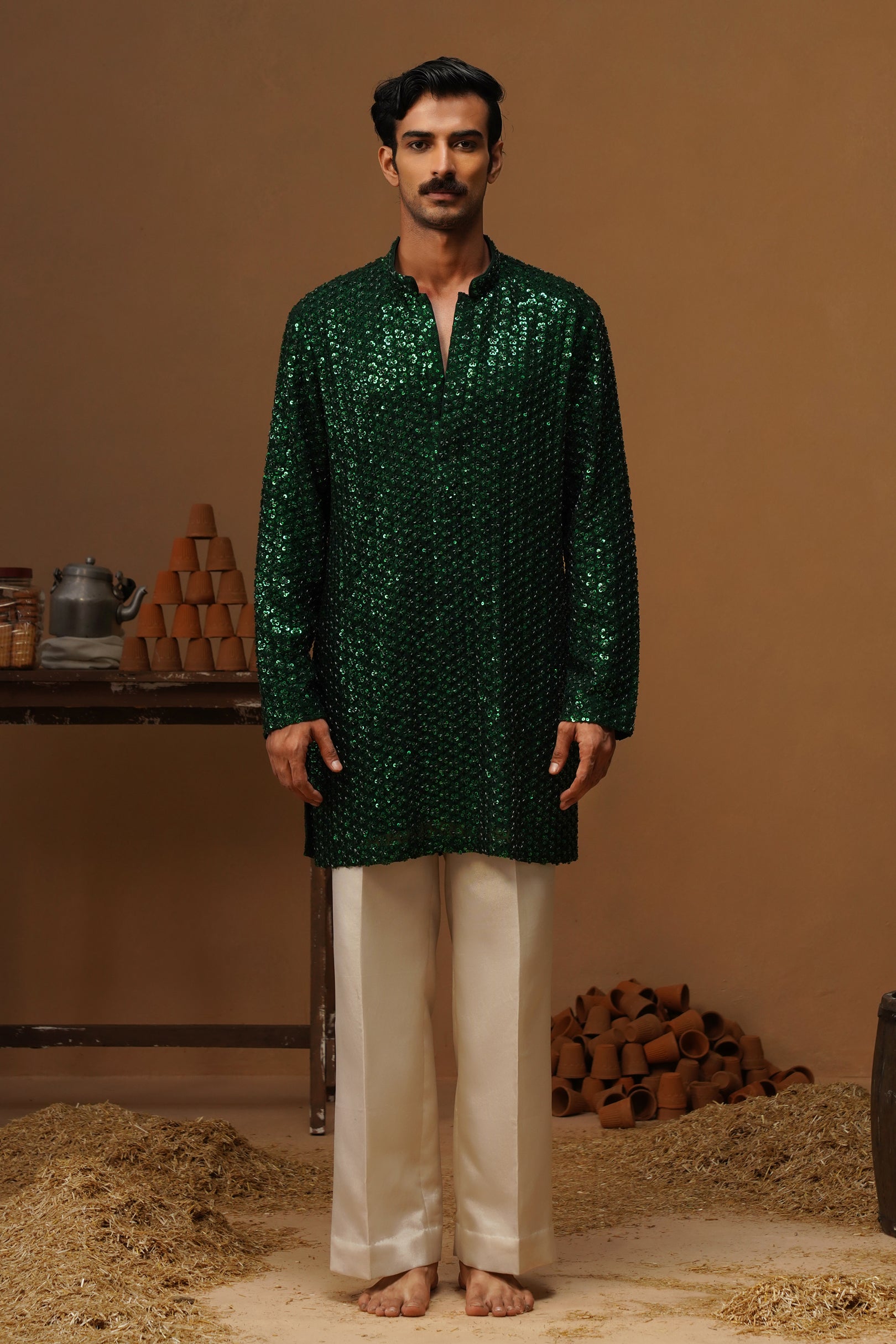 VED BOTTLE GREEN SHORT KURTA SET