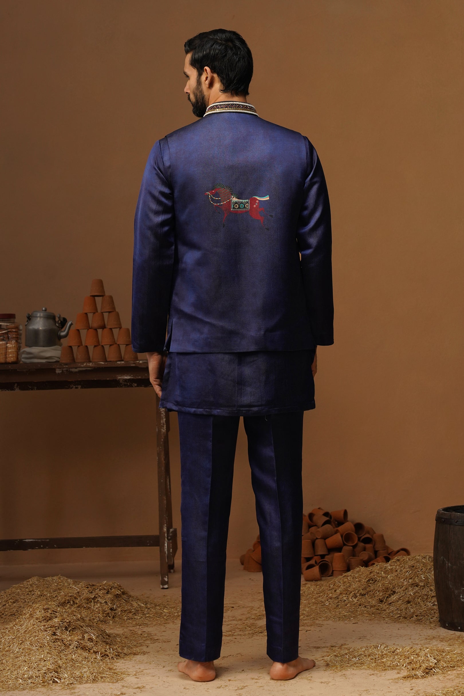 DERBY NAVY BLUE SHORT KURTA JACKET SET