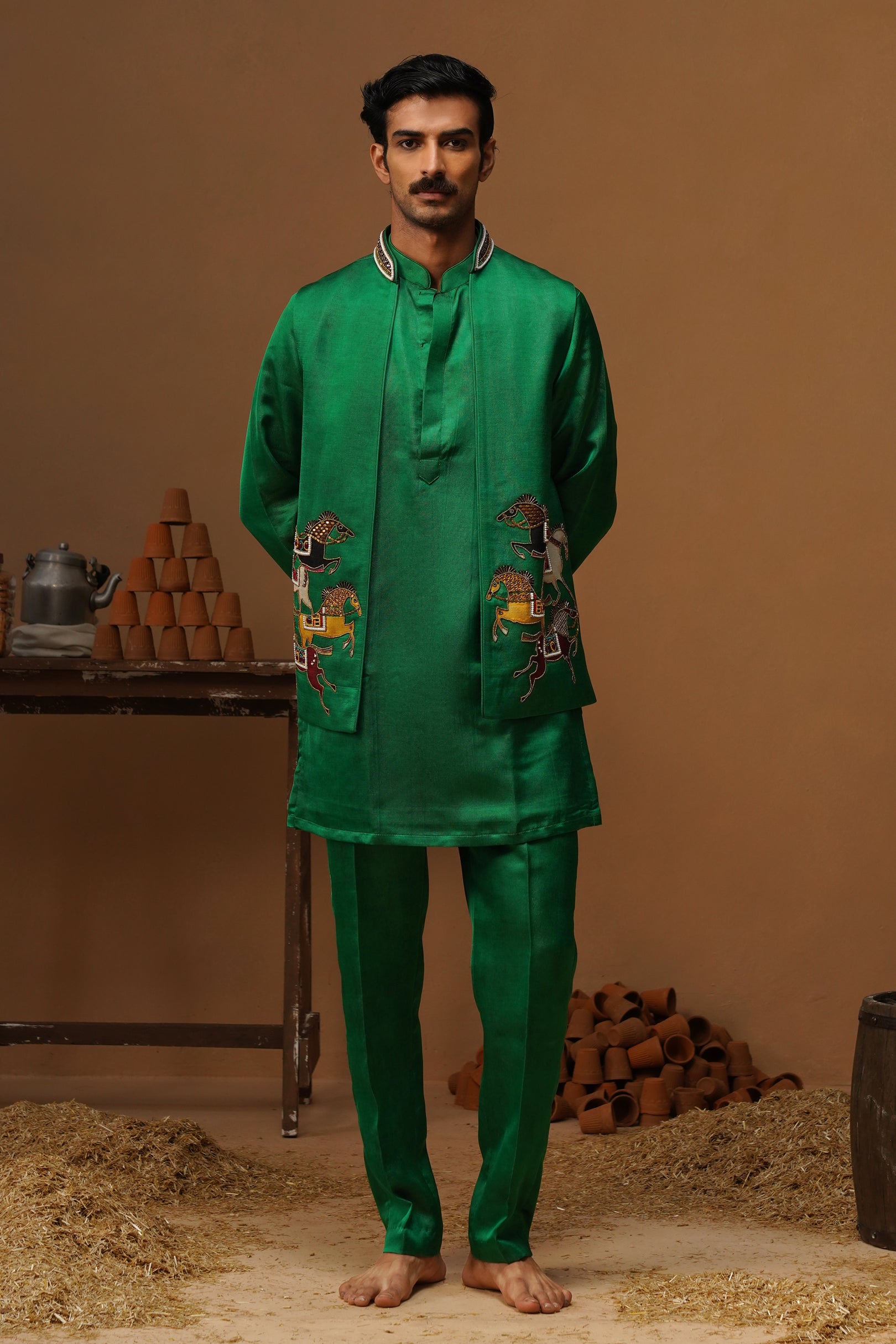 DERBY GREEN SHORT KURTA JACKET SET
