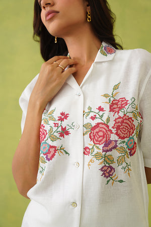 Ivory Blossom Cross Stitch Embroidered Top For Women-inching india