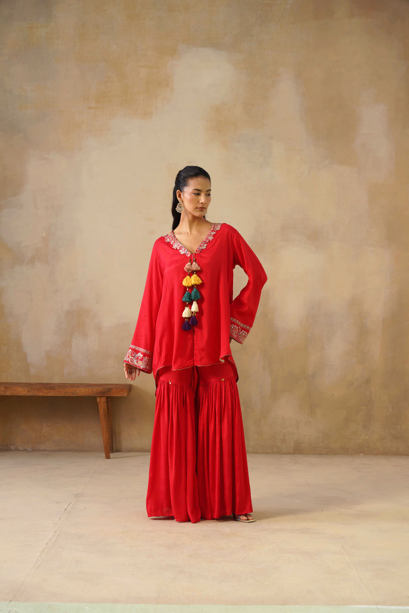 Noor Red Coat Set With Garara