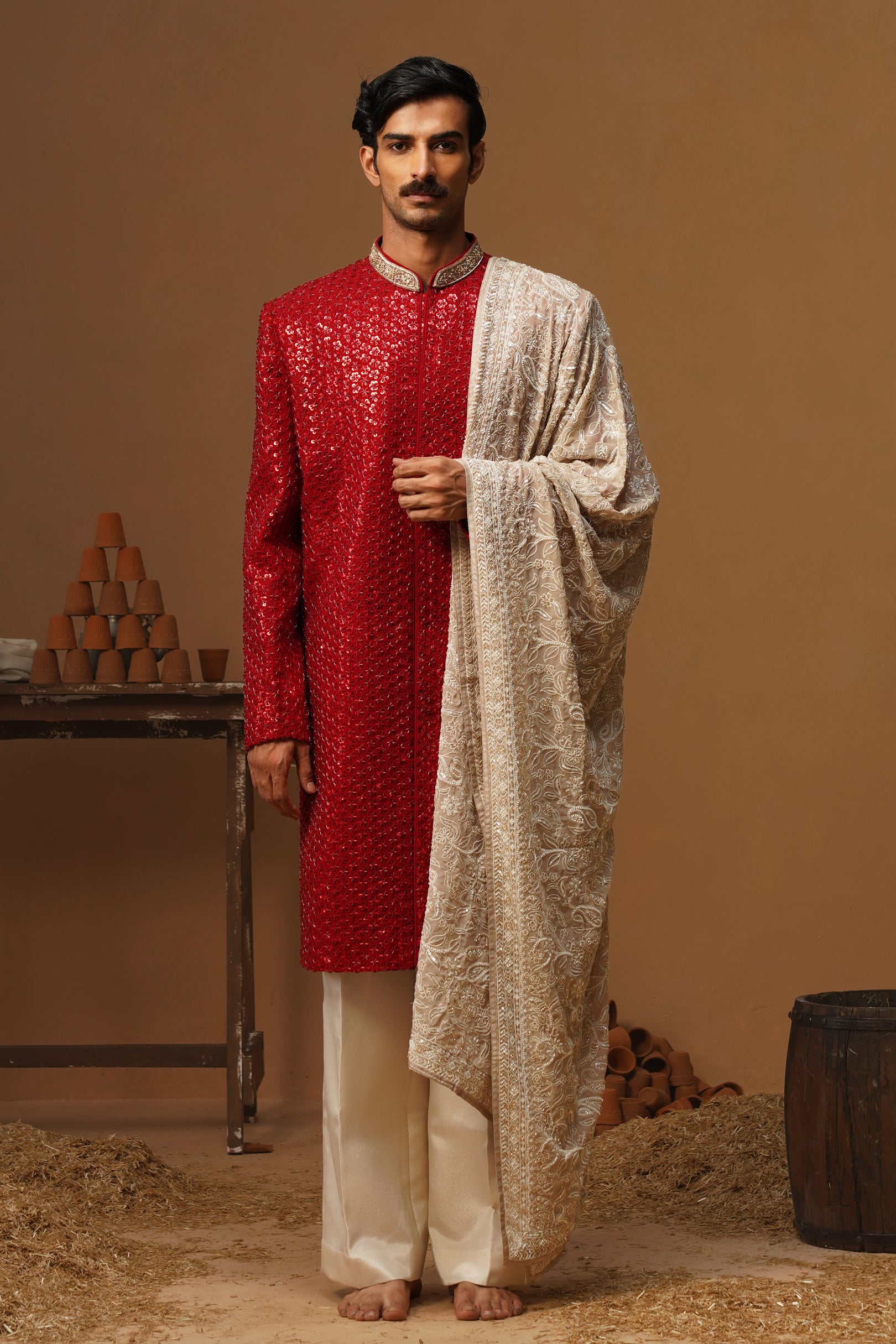 VED RED SHERWANI SET