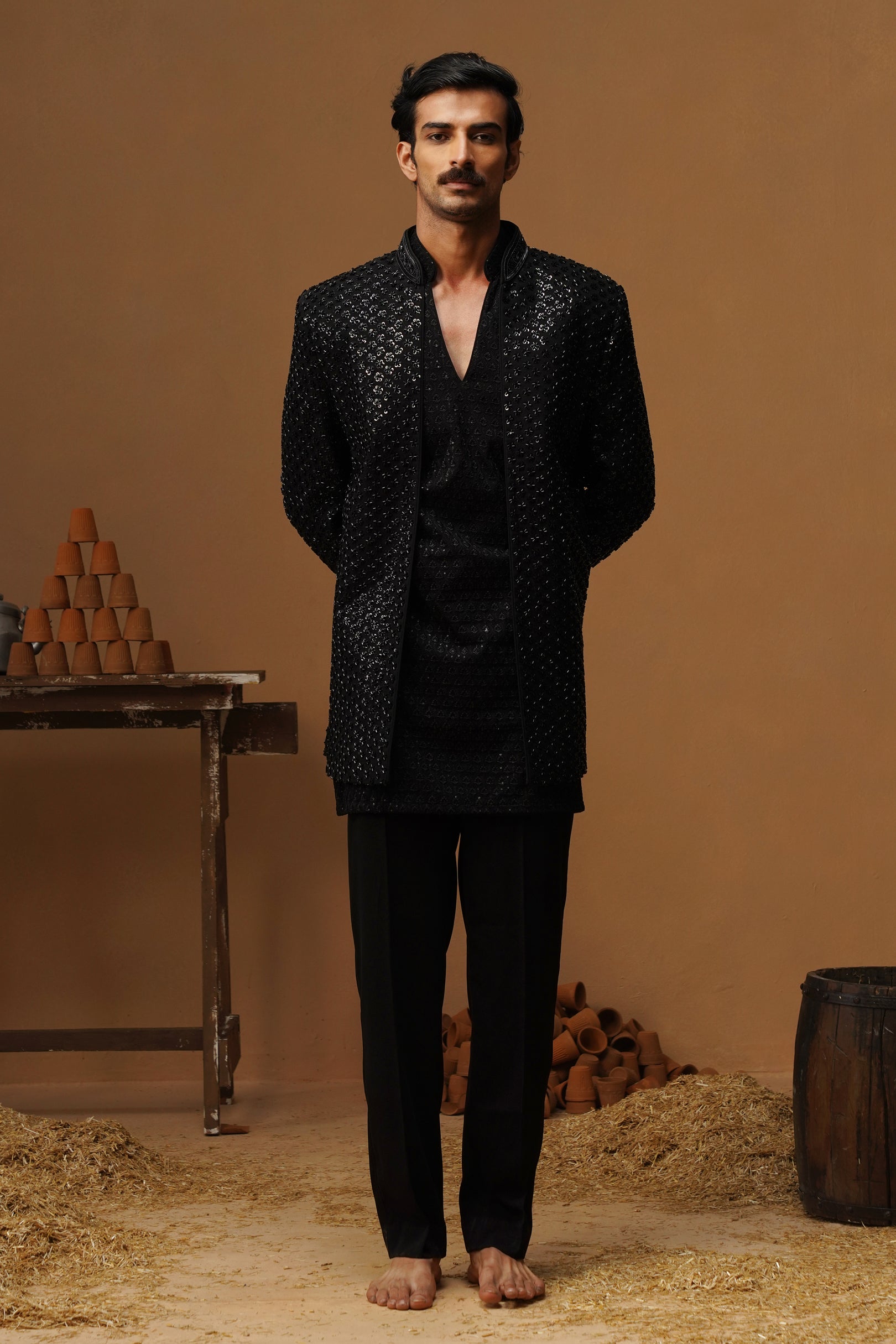 VED BLACK JODHPURI SET WITH V NECK KURTA
