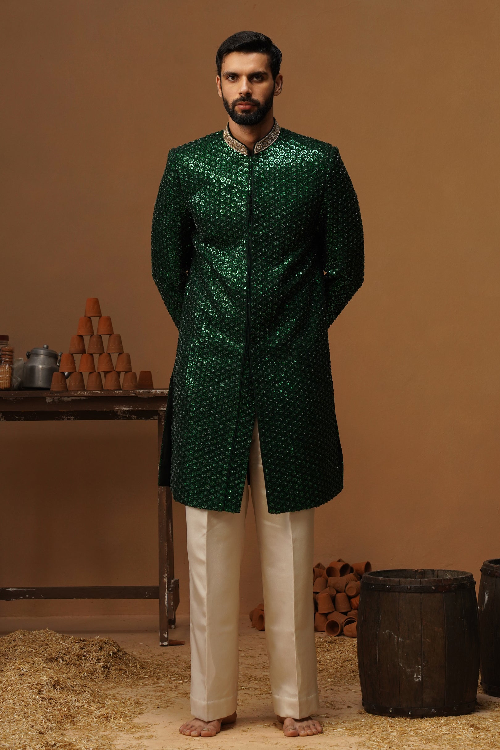 HUMSAFAR BOTTLE GREEN INDO - WESTERN SET