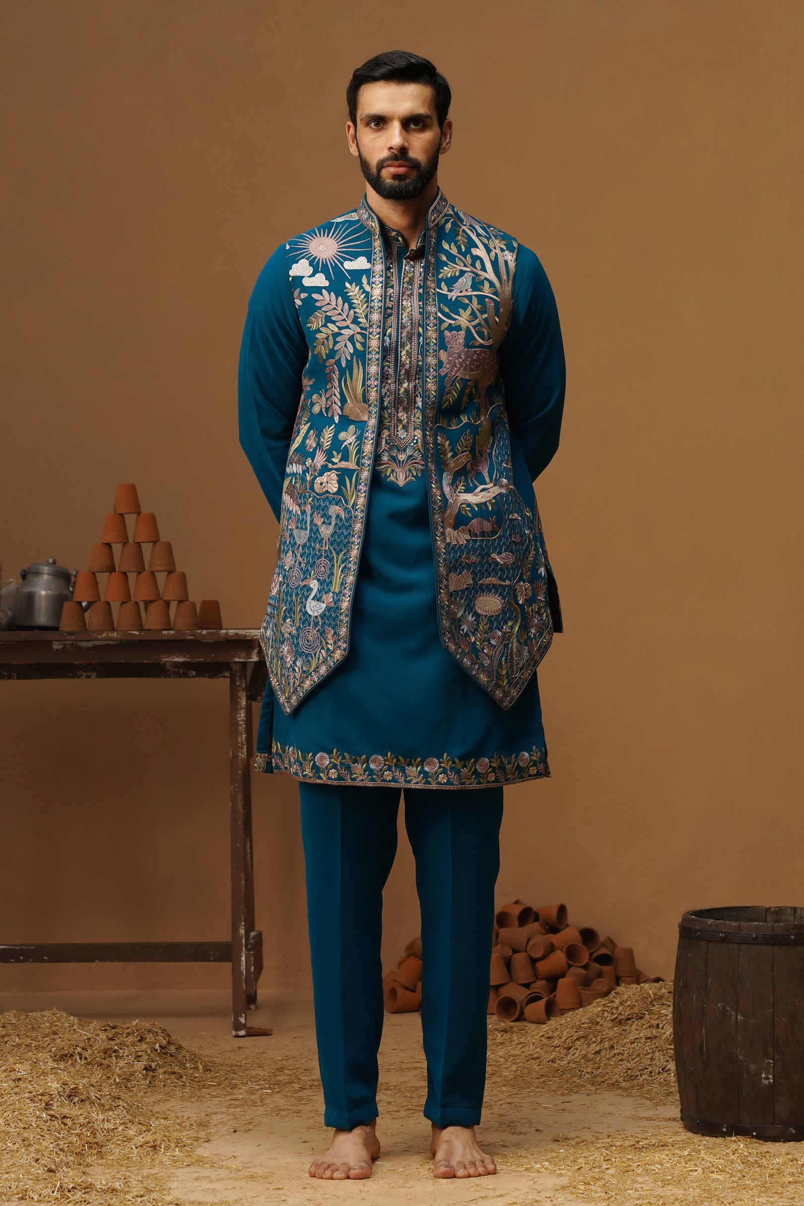 JUNGLE FIROZI KURTA JACKET SET